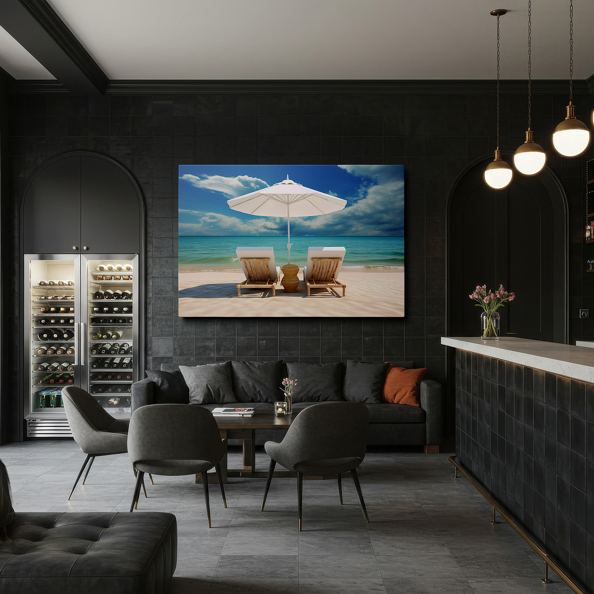 Perfectly sized at 45×30 cm for accenting shelves or narrow walls — peaceful beach scene with chairs under a white umbrella, tranquil coastal symphony large wall art, canvas wall art, wall decor for office