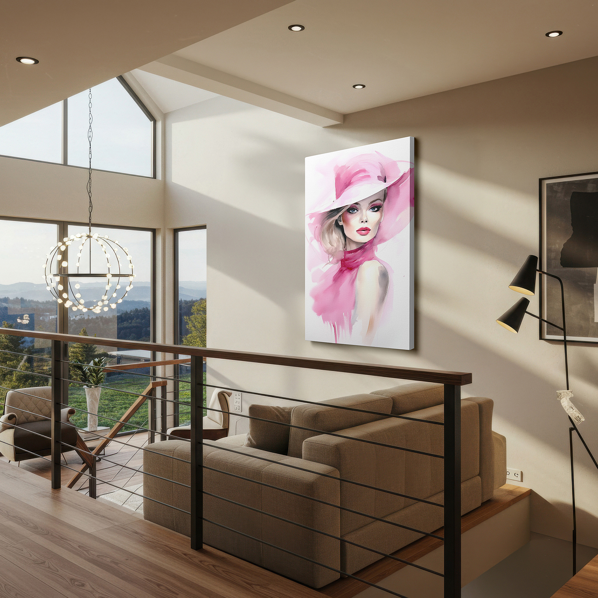 Perfectly sized at 45×30 cm for accenting shelves or narrow walls — pink essence of elegance: stylish and confident woman large wall art, canvas decor for office and bedroom