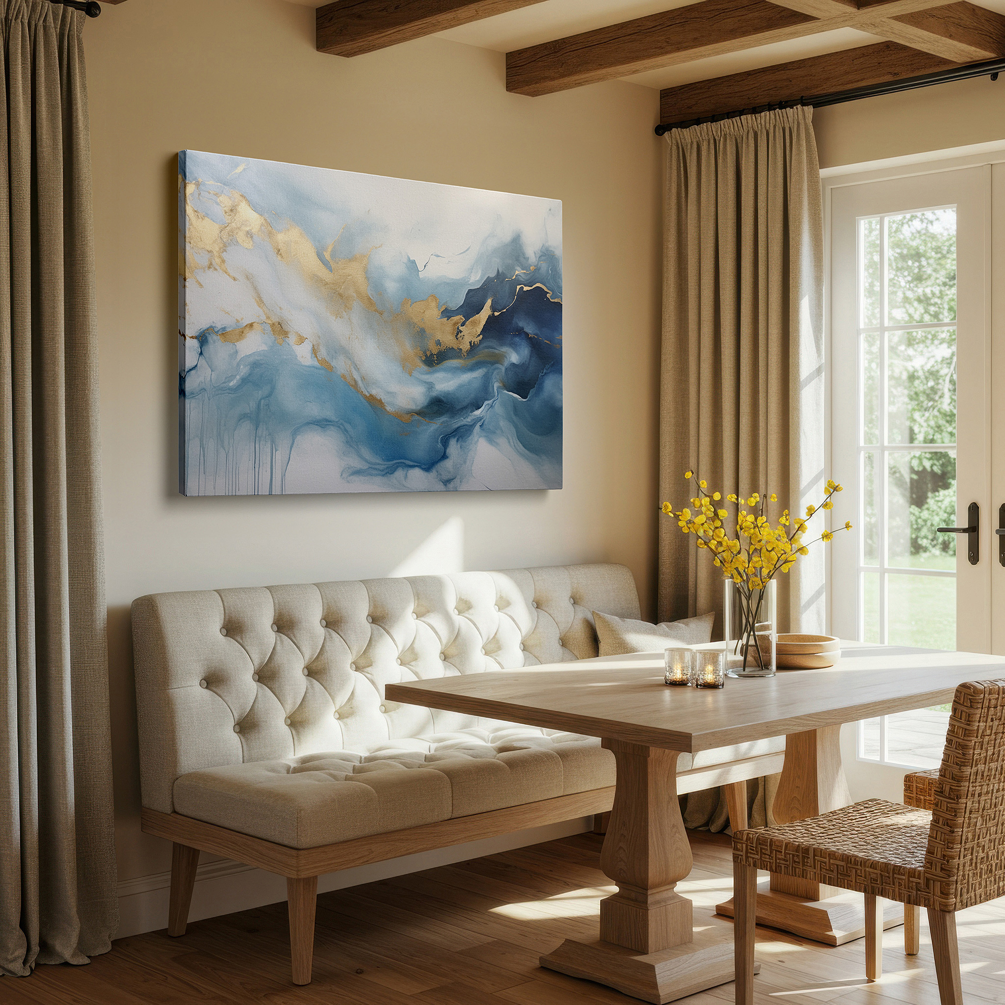 Perfectly sized at 45×30 cm for accenting shelves or narrow walls — serene blues and golden waves: a tranquil fluid art masterpiece for contemporary spaces - large wall art, canvas wall art, wall decor