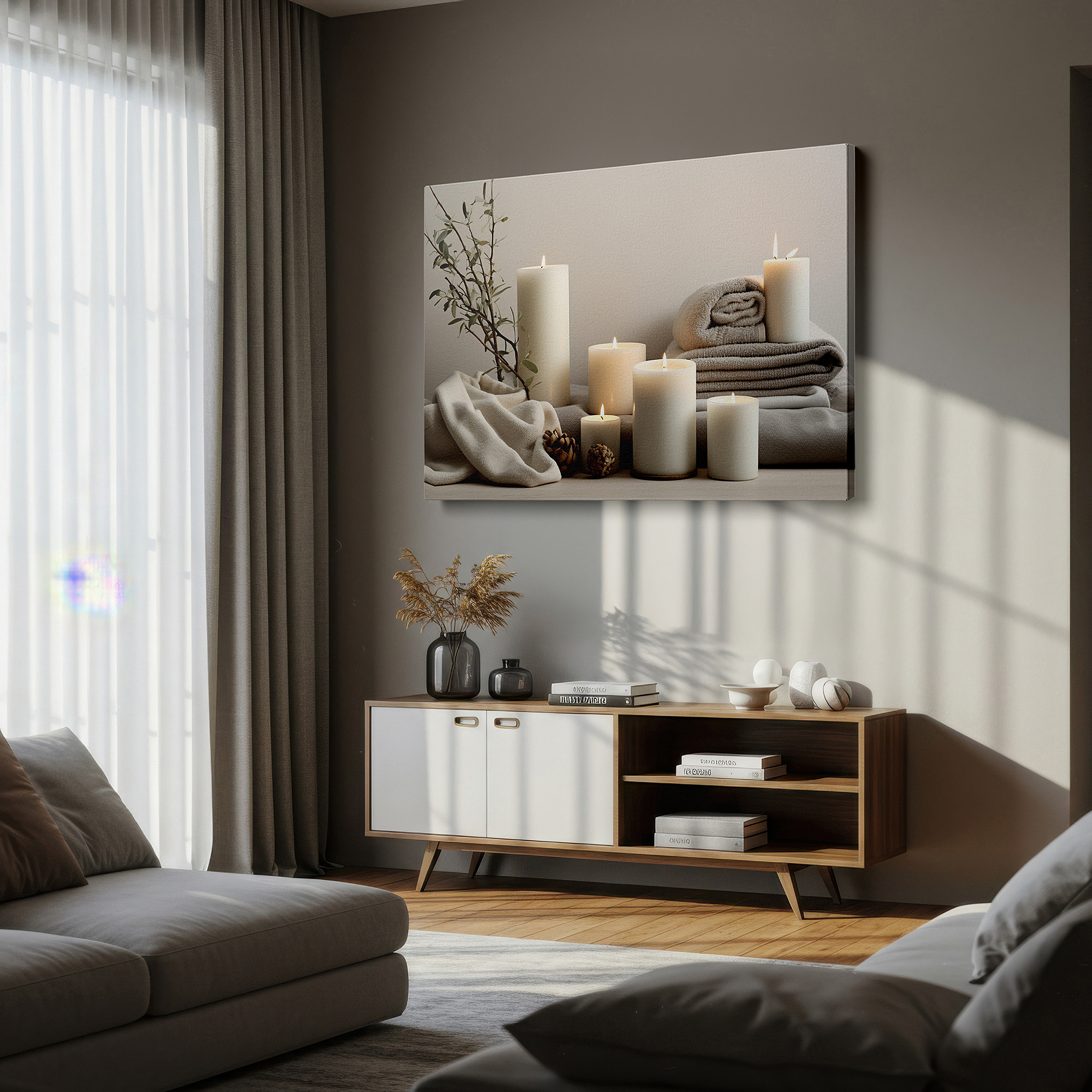 Perfectly sized at 45×30 cm for accenting shelves or narrow walls — serene candlelight and cozy towels for a tranquil home atmosphere: featuring large wall art, canvas wall art, and decor for offices and bedrooms