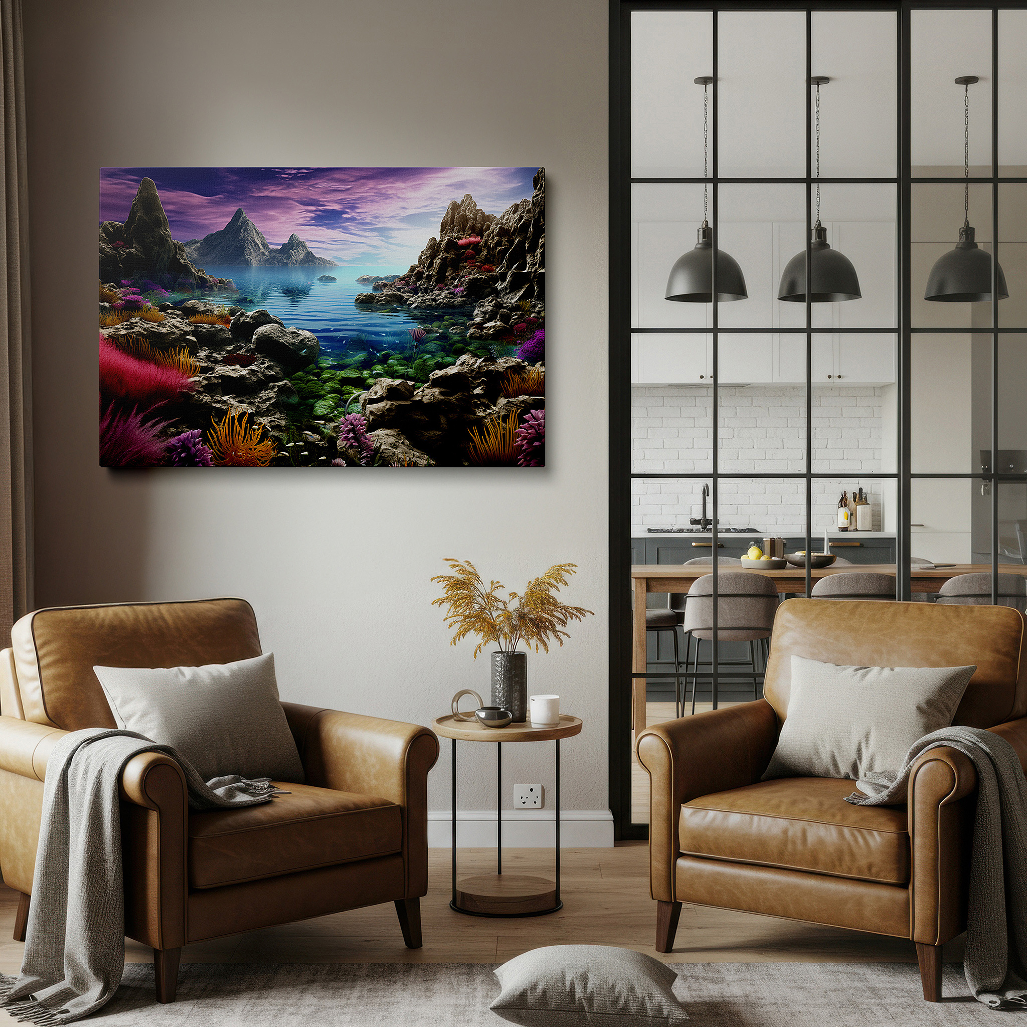 Perfectly sized at 45×30 cm for accenting shelves or narrow walls — serene coastal scene with verdant vegetation and tranquil waters: large canvas wall art for office, bedroom, and living room decor