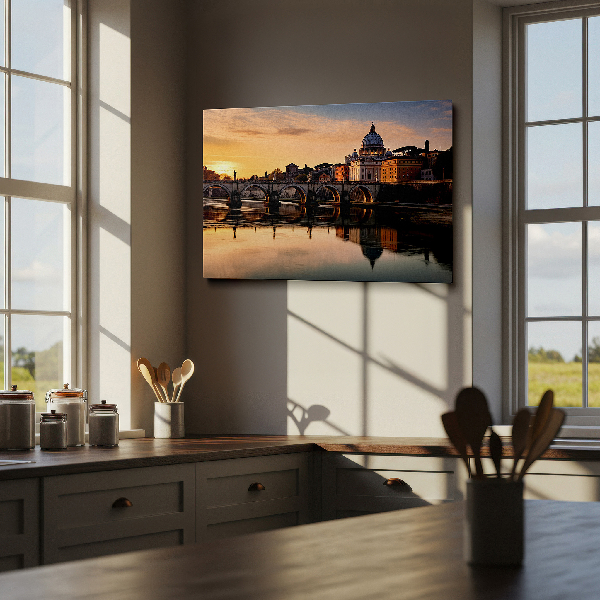 Perfectly sized at 45×30 cm for accenting shelves or narrow walls — serene dawn at st. peter's basilica over the tiber river wall art for office, bedroom, and living room decor