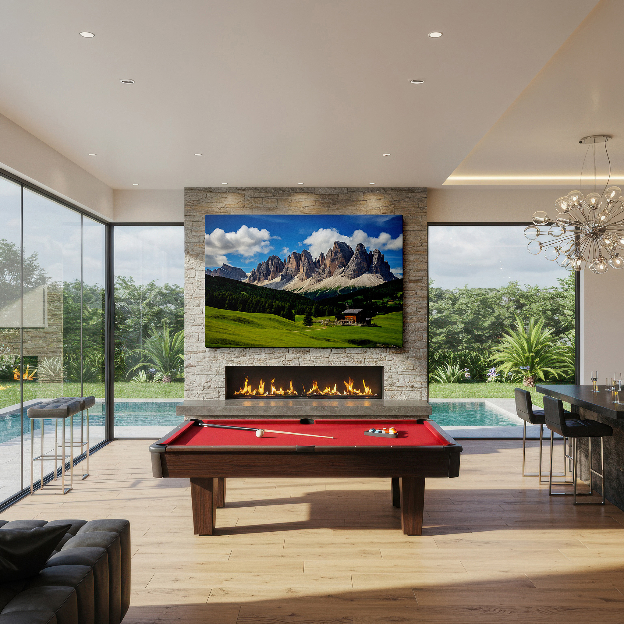 Perfectly sized at 45×30 cm for accenting shelves or narrow walls — serene hideaway amidst lush valleys and towering mountains: oversized wall art for home and office decor, including living room and bedroom
