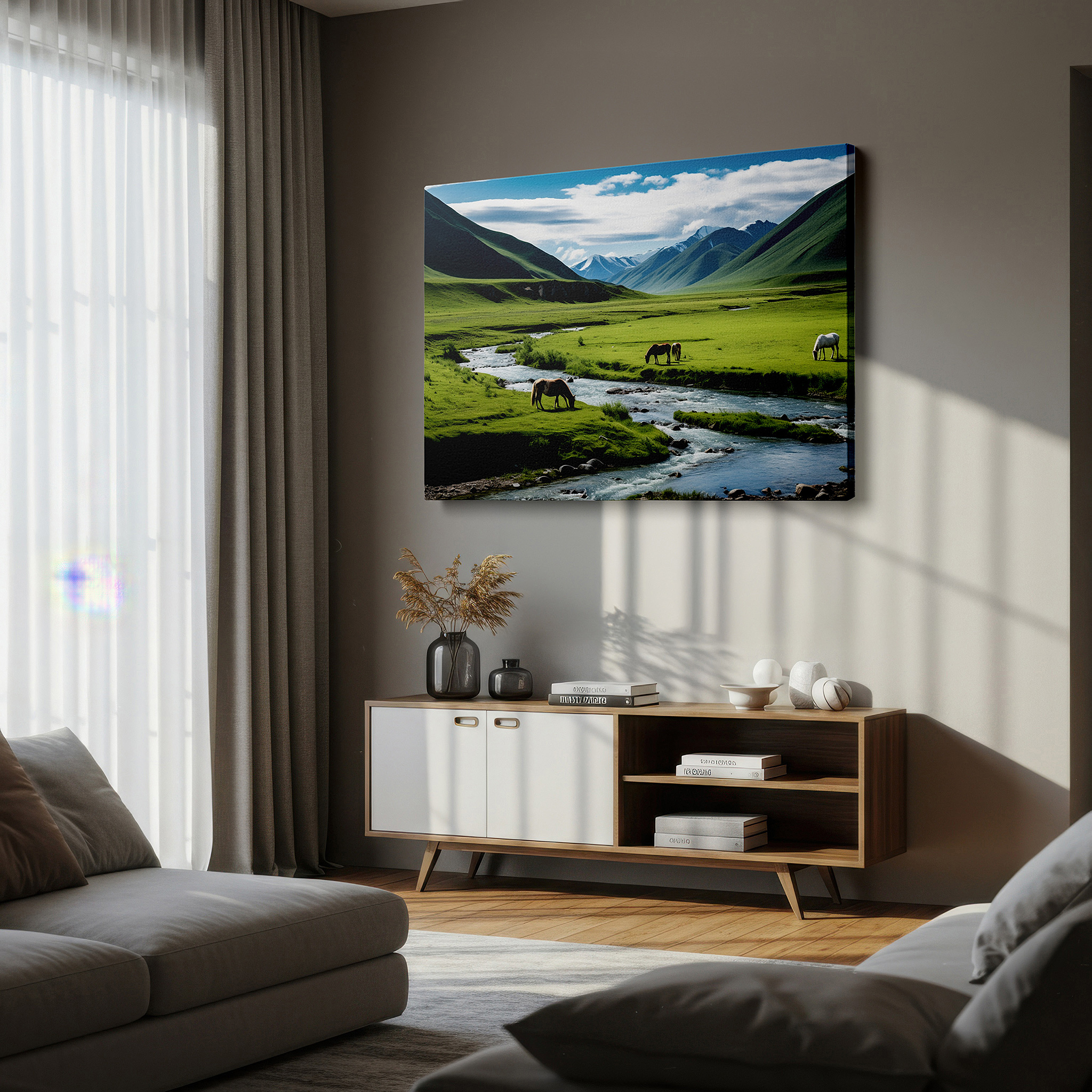 Perfectly sized at 45×30 cm for accenting shelves or narrow walls — serene meadow with majestic horses under snow-capped peaks: tranquil large wall art for office and home decor, canvas wall art