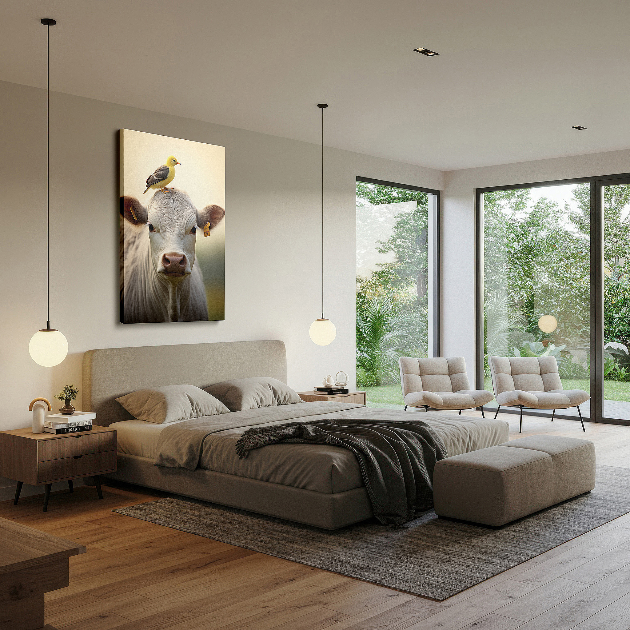Perfectly sized at 45×30 cm for accenting shelves or narrow walls — serene rural life wall art featuring a gentle cow and playful yellow duck - large canvas for office, bedroom, or living room decor