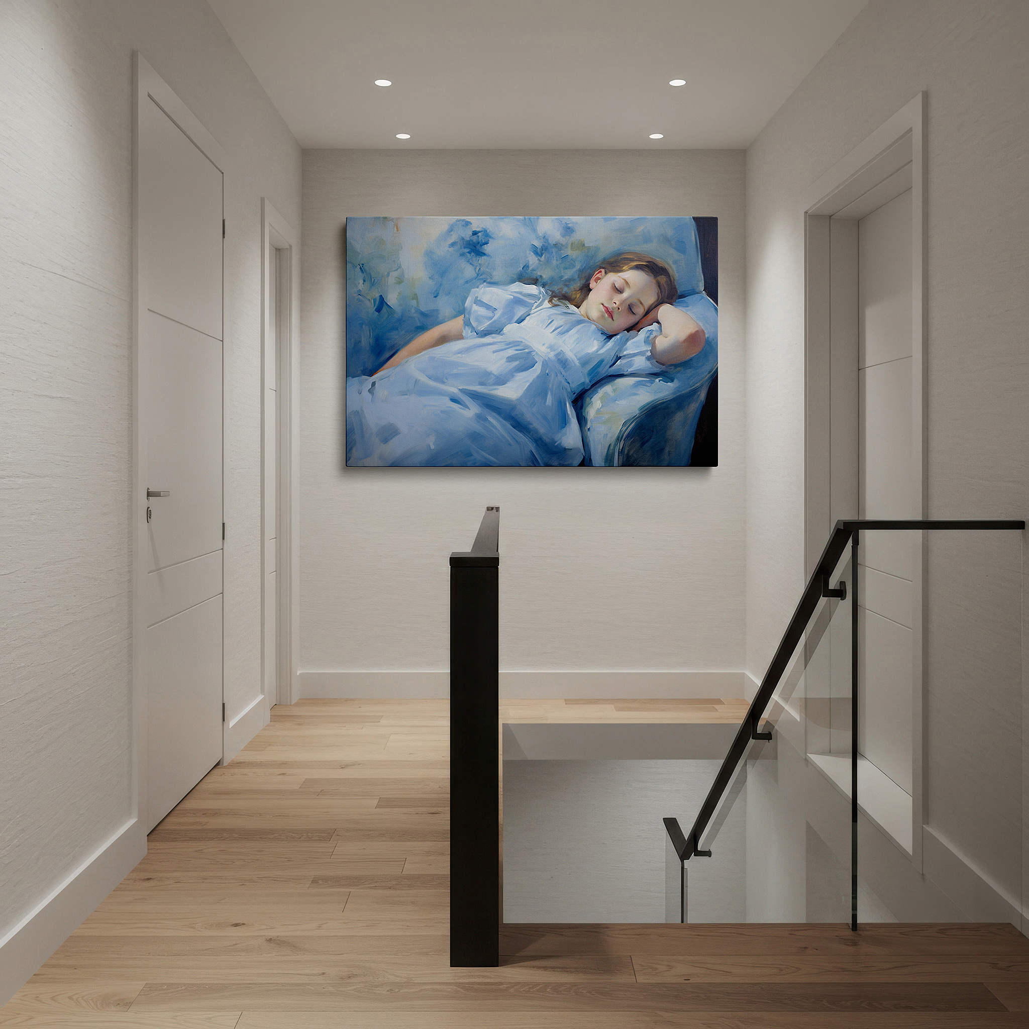 Perfectly sized at 45×30 cm for accenting shelves or narrow walls — serene sleep of a young girl in soft blue hues, oversized canvas wall art for home and office decor, suitable for bedrooms and living rooms