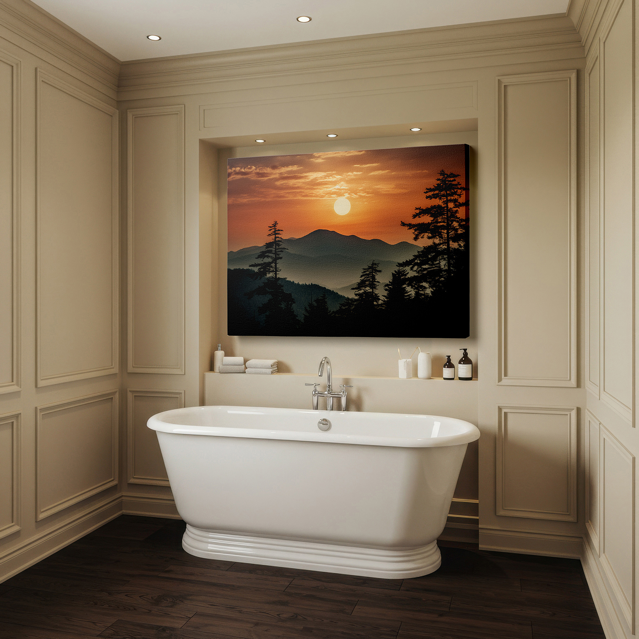 Perfectly sized at 45×30 cm for accenting shelves or narrow walls — serene sunset majesty: fiery hues and silhouetted trees - large canvas wall art for office, bedroom, and living room decor