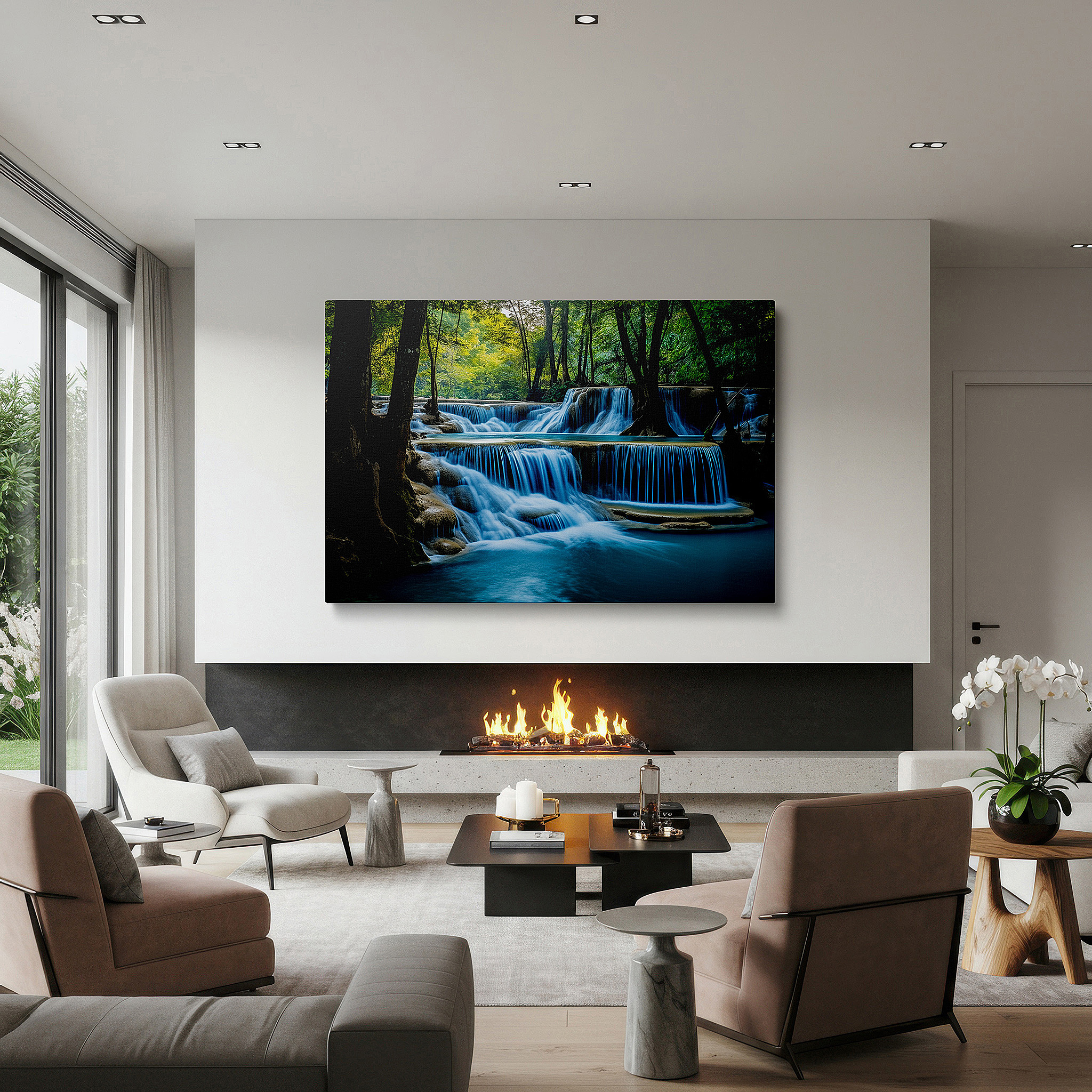 Perfectly sized at 45×30 cm for accenting shelves or narrow walls — serene waterfall oasis large canvas wall art amidst lush forest majesty for office, bedroom, and living room decor
