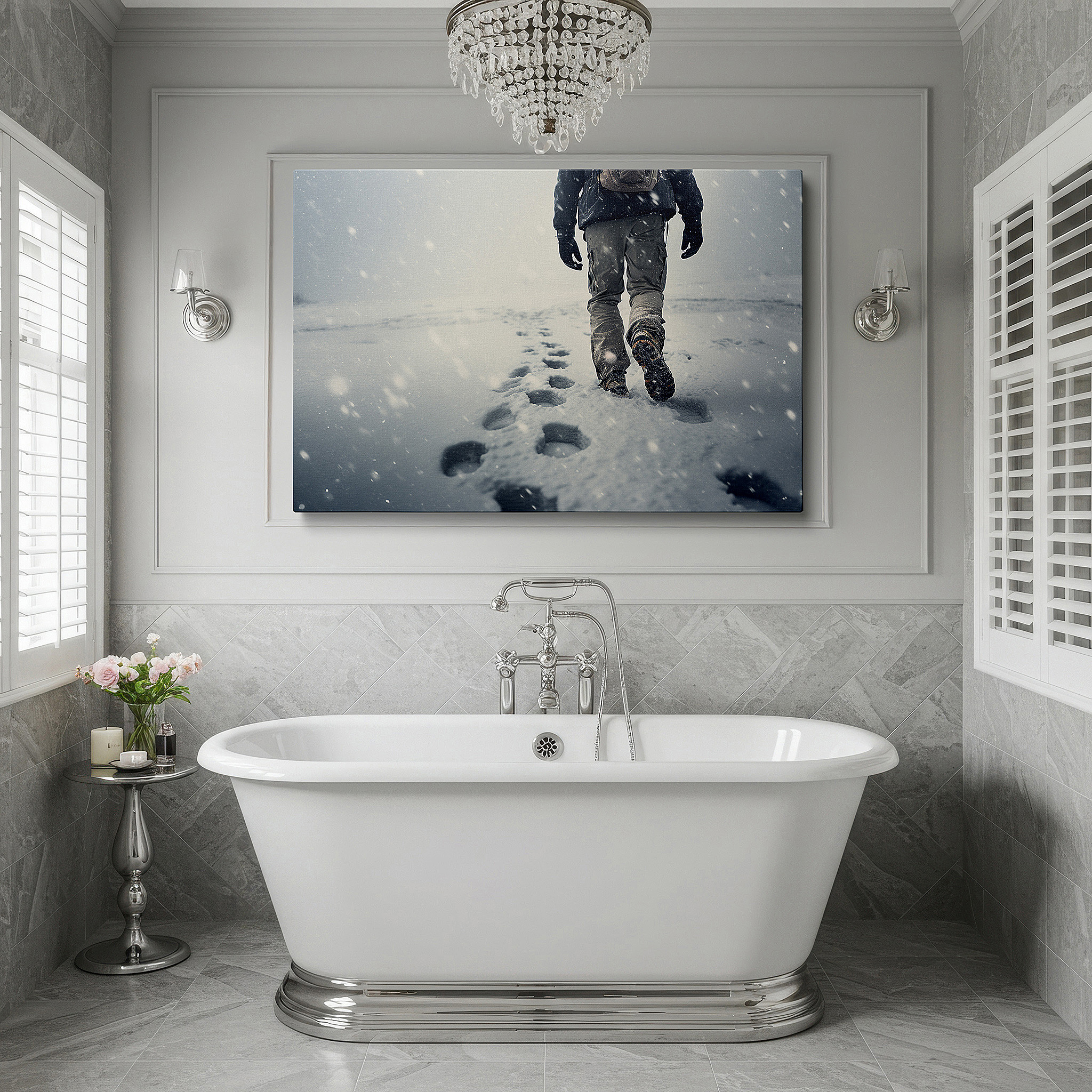 Perfectly sized at 45×30 cm for accenting shelves or narrow walls — serene winter landscape with lone hiker wall art - tranquil nature escape large canvas decor for office