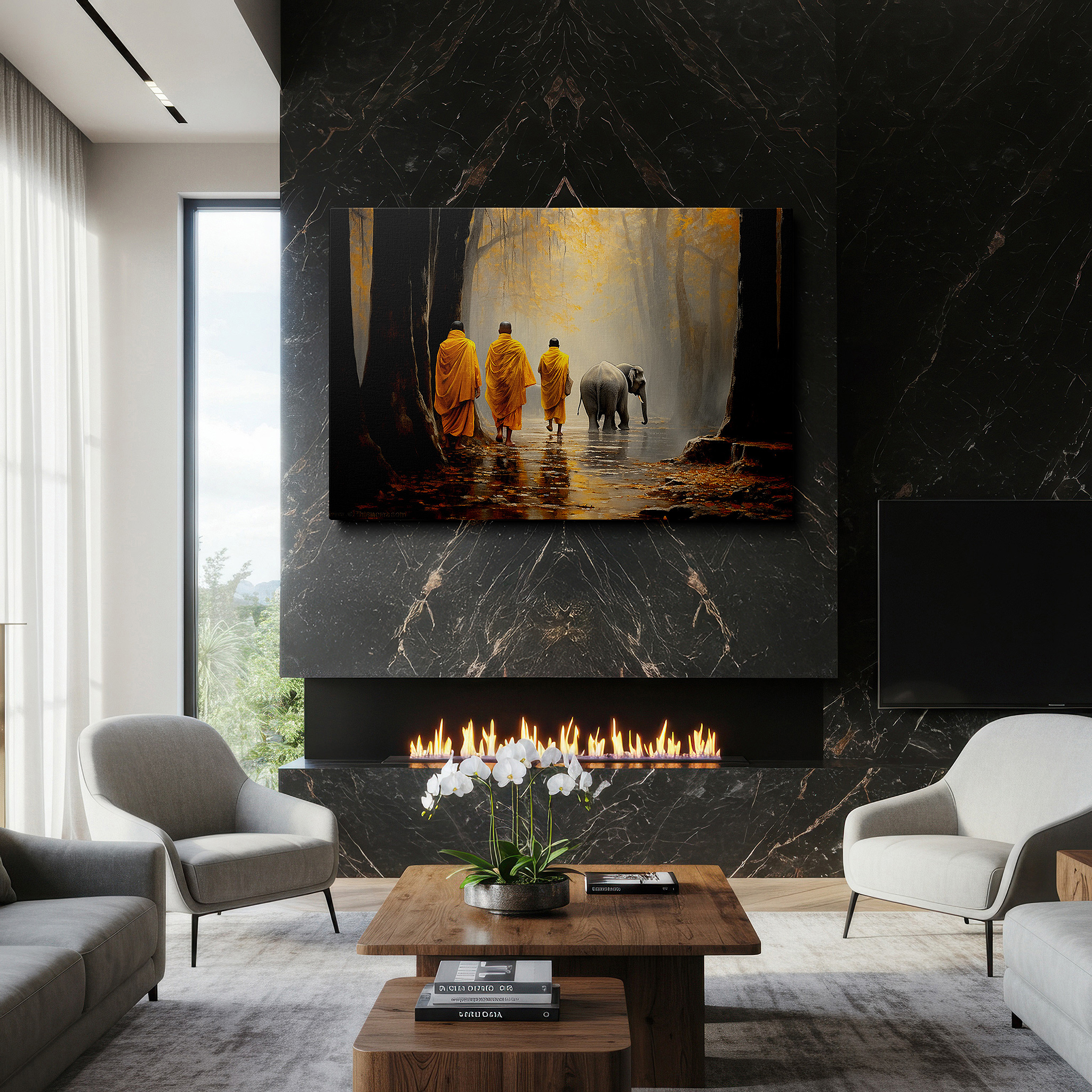 Perfectly sized at 45×30 cm for accenting shelves or narrow walls — serenity in the mist: monks and elephant in autumn glow - large canvas wall art for office, bedroom, and living room decor