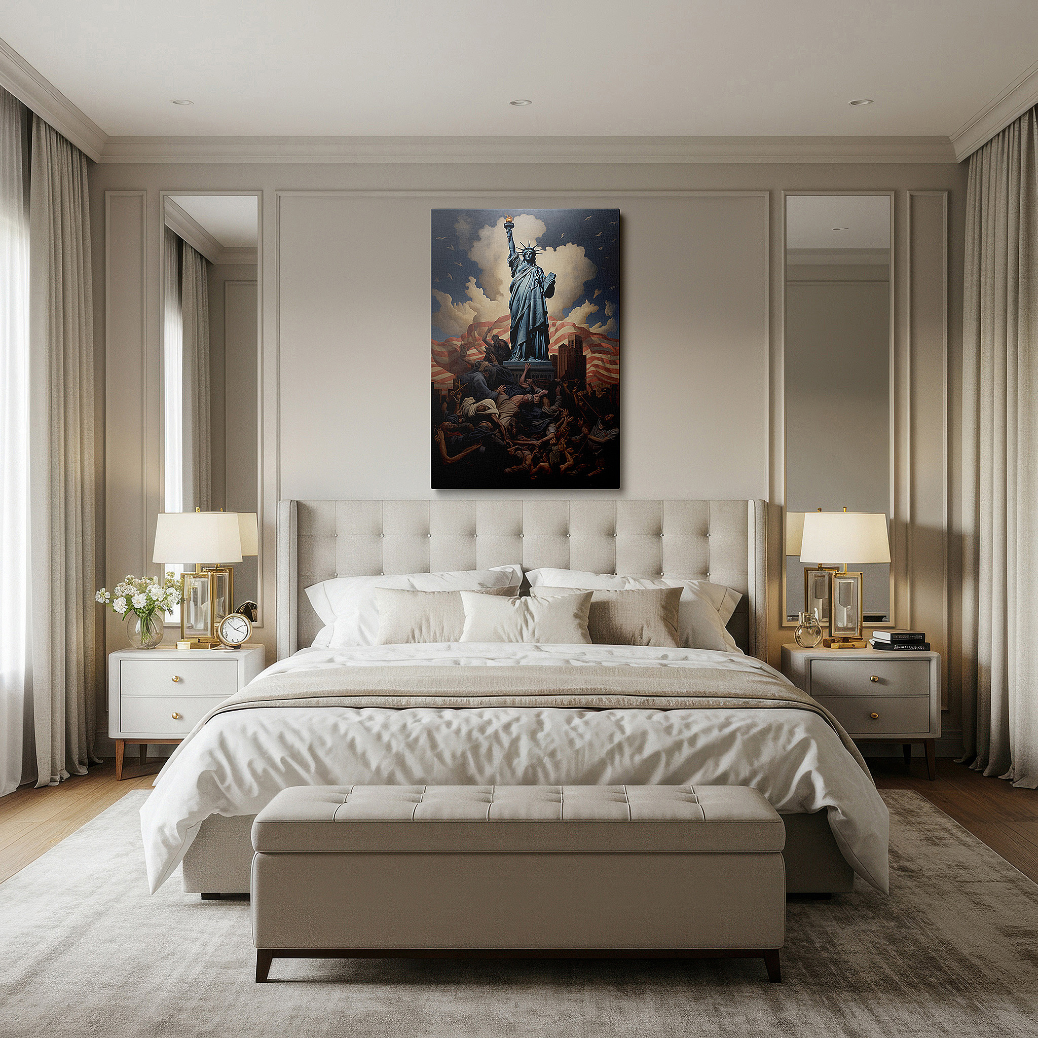 Perfectly sized at 45×30 cm for accenting shelves or narrow walls — statue of liberty: a beacon of hope amidst stormy skies - large canvas wall art for office, bedroom, and living room decor