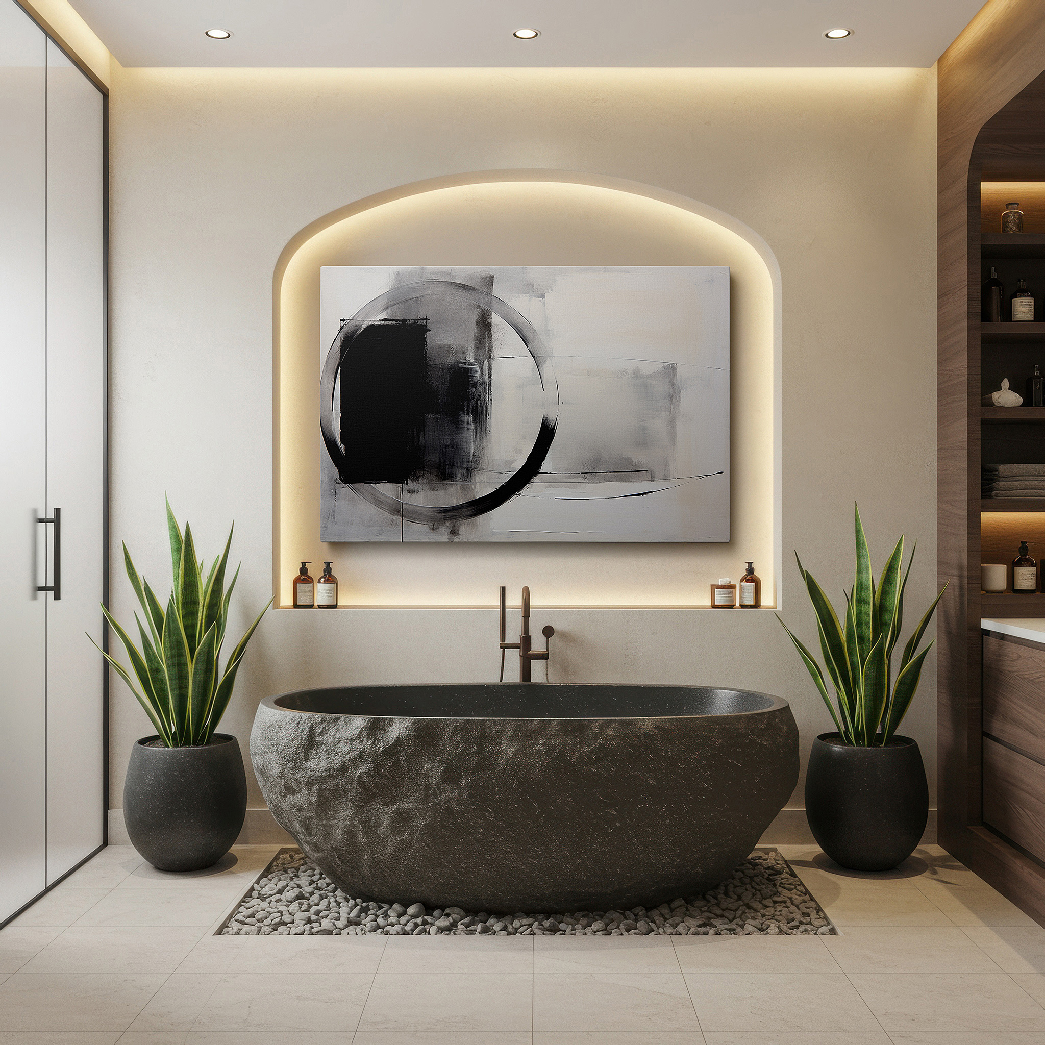 Perfectly sized at 45×30 cm for accenting shelves or narrow walls — striking black and white dynamic textures with circular motif - large canvas wall art for office and bedroom decor