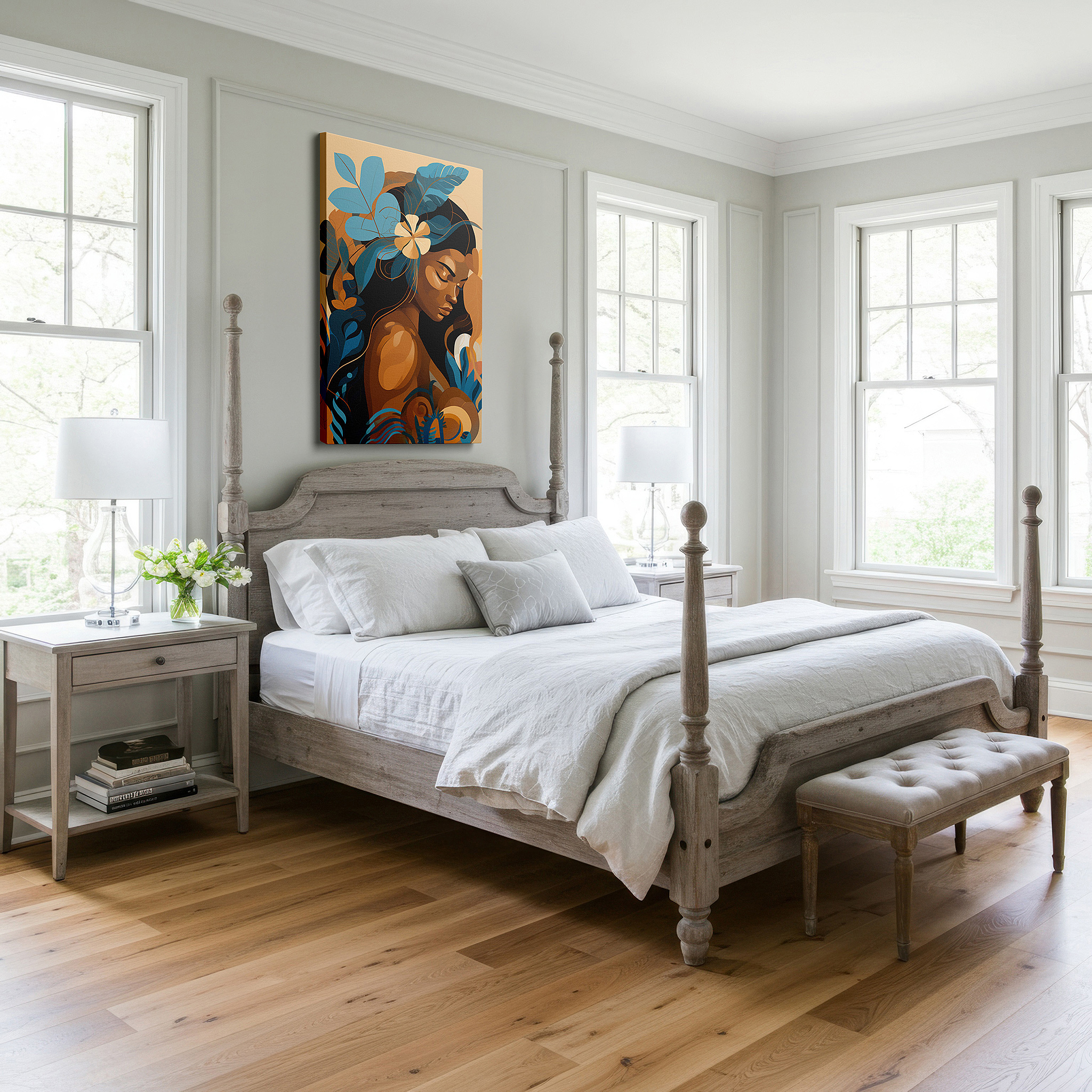 Perfectly sized at 45×30 cm for accenting shelves or narrow walls — stylized portrait of a woman with vibrant floral accents celebrating femininity and nature, large canvas wall art decor