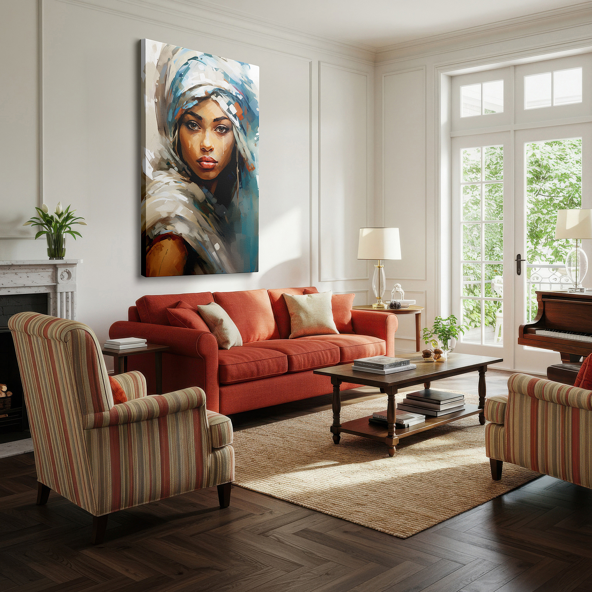 Perfectly sized at 45×30 cm for accenting shelves or narrow walls — traditional elegance: celebrating feminine strength and cultural identity - large wall art, canvas wall art, wall decor, office wall art