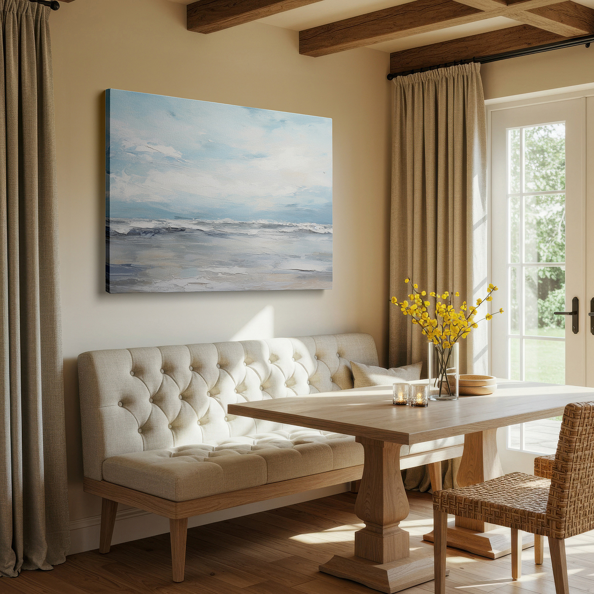 Perfectly sized at 45×30 cm for accenting shelves or narrow walls — tranquil ocean and sky-inspired large wall art in serene blues and whites, ideal for office decor, canvas wall art