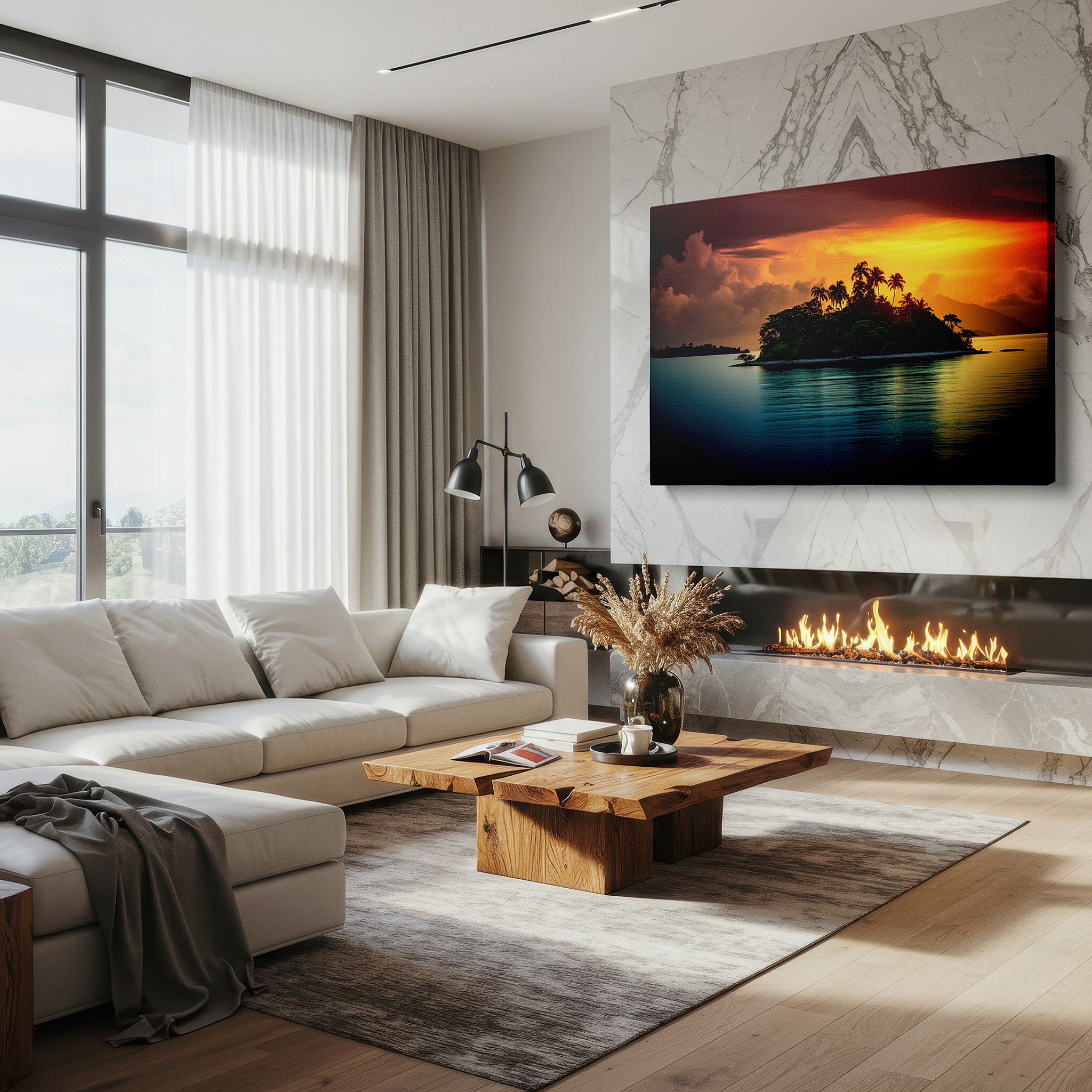 Perfectly sized at 45×30 cm for accenting shelves or narrow walls — tropical paradise with fiery sunset and lush palms: large canvas wall art for office, bedroom, and living room decor