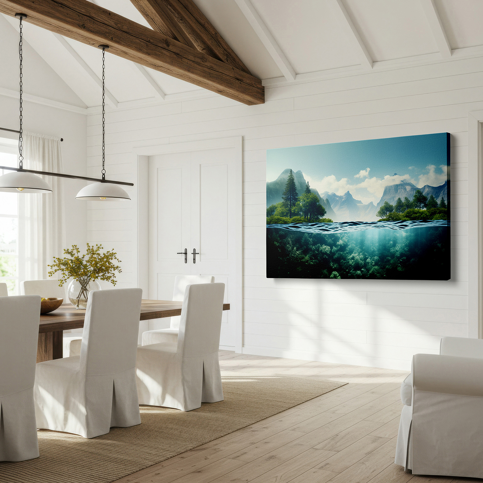 Perfectly sized at 45×30 cm for accenting shelves or narrow walls — verdant forests to tranquil underwater realms: a seamless fusion of nature's diversity - large wall art, canvas wall art, wall art decor