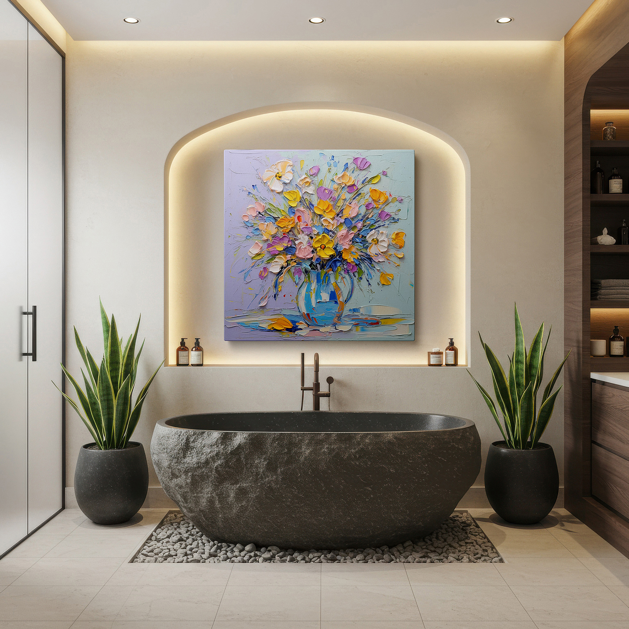Perfectly sized at 45×30 cm for accenting shelves or narrow walls — vibrant floral symphony with palette knife textures: enhance any space with large canvas wall art for offices and bedrooms