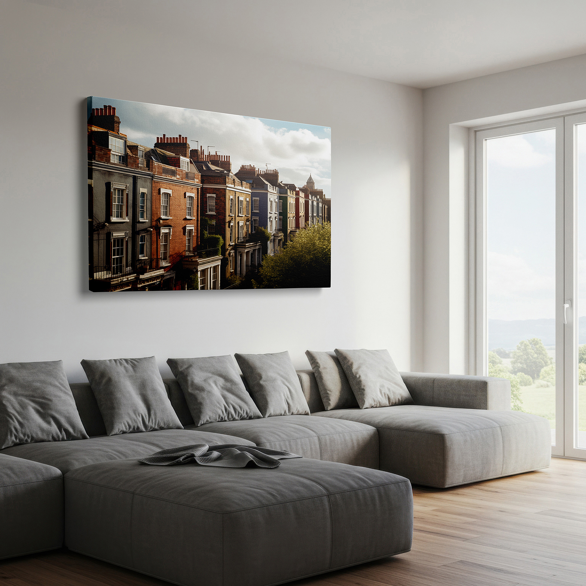 Perfectly sized at 45×30 cm for accenting shelves or narrow walls — victorian houses bathed in late afternoon sunlight: a tapestry of urban nostalgia and warmth - large wall art, canvas wall art, wall decor for office