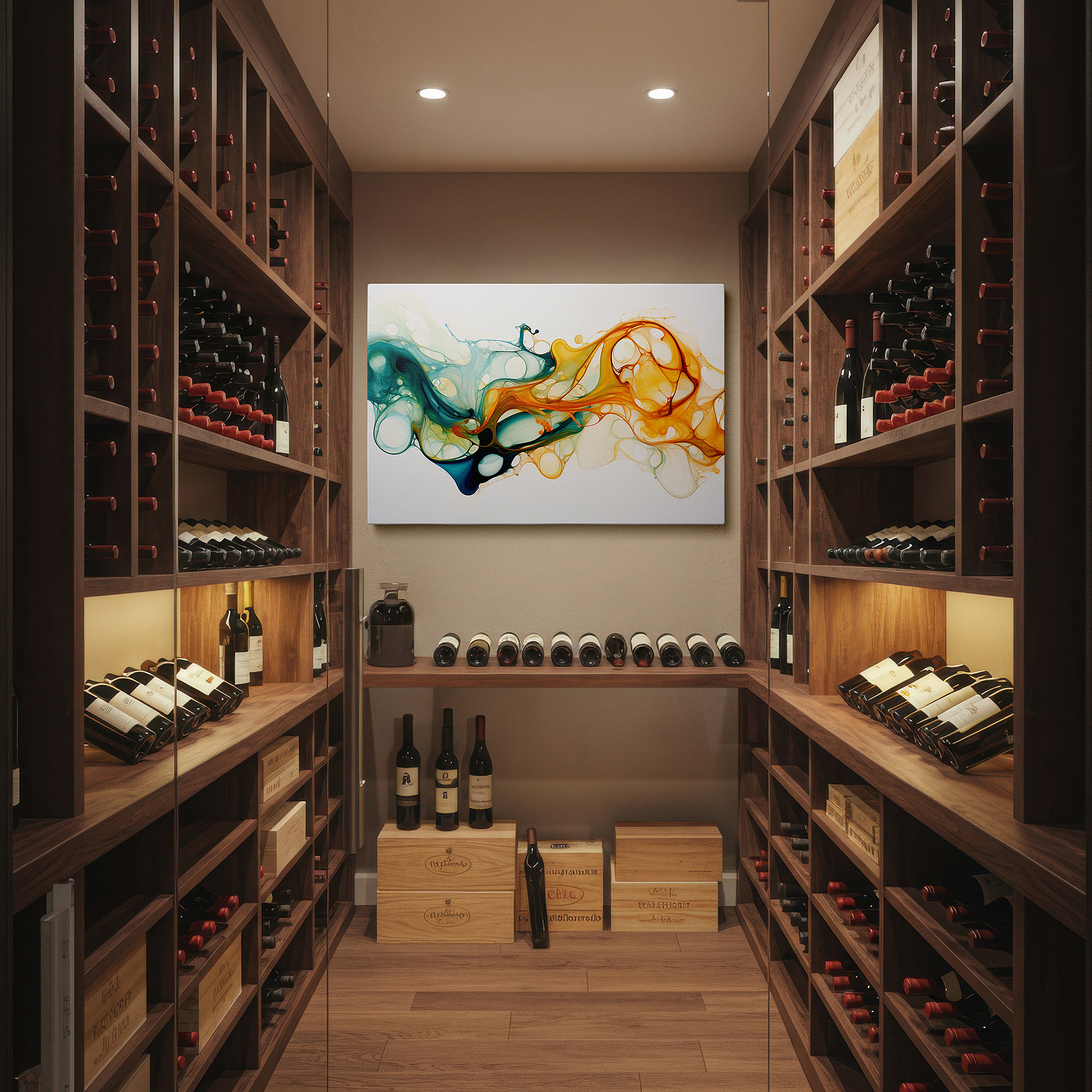 Perfectly sized at 45×30 cm for accenting shelves or narrow walls — a visual symphony of orange and teal: capturing movement and emotion in abstract splendor - large wall art, canvas wall art, wall decor for office