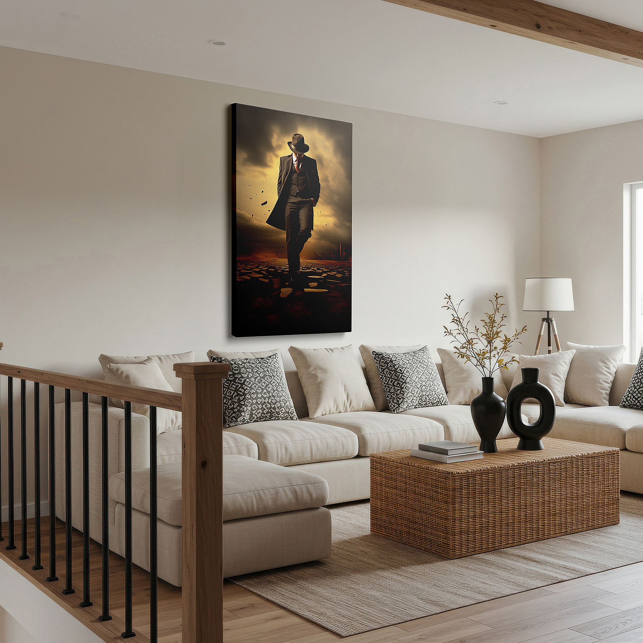 Perfectly sized at 45×30 cm for accenting shelves or narrow walls — wall art: "civilization meets nature" - man in suit against stormy wilderness scene, large canvas wall art for office decor