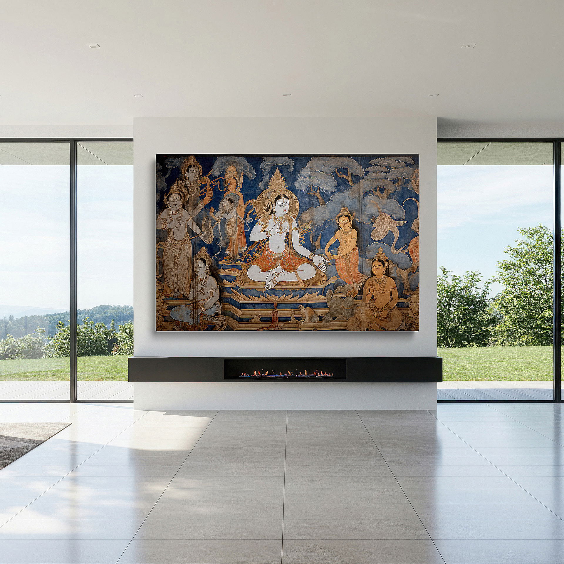 Perfectly sized at 45×30 cm for accenting shelves or narrow walls — wall art: divine deities in vivid colors - a spiritual