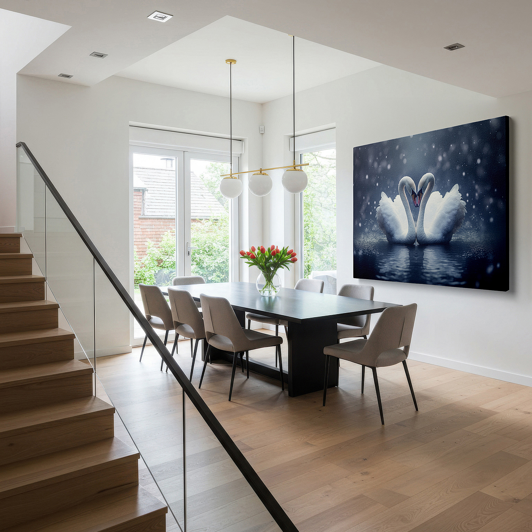 Perfectly sized at 45×30 cm for accenting shelves or narrow walls — wall art: elegant swans creating a heart on peaceful waters - emblem of love and unity. ideal for home and office decor, including large canvas options for bedrooms.