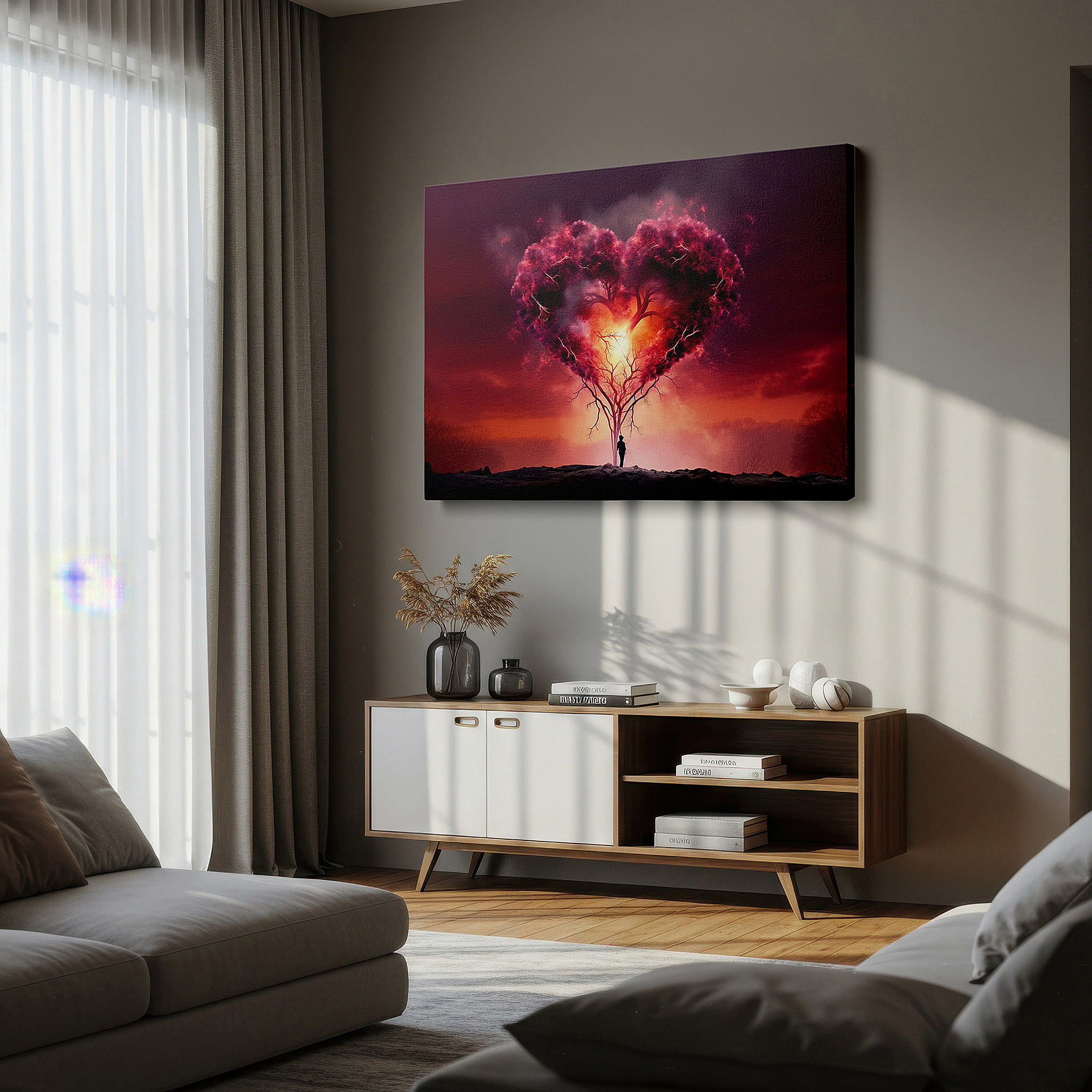 Perfectly sized at 45×30 cm for accenting shelves or narrow walls — wall art: heart-shaped tree with fiery background - symbolizing the intensity of love and the serenity of nature. large canvas wall art for home and office decor.