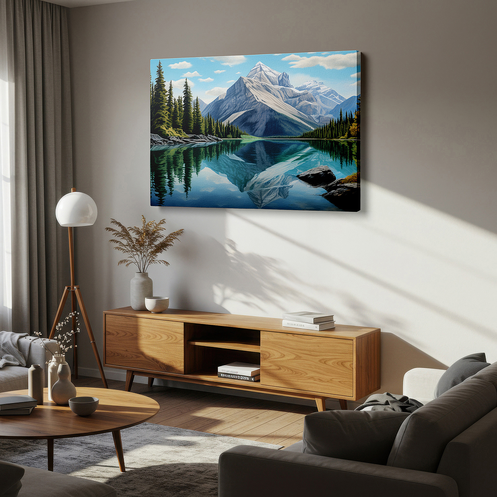 Perfectly sized at 45×30 cm for accenting shelves or narrow walls — wall art: majestic mountains and reflective lake surrounded by lush coniferous trees - large canvas wall art for office and bedroom decor