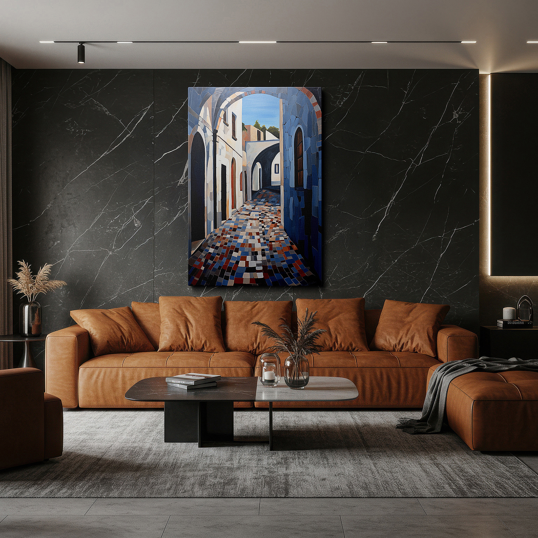 Perfectly sized at 45×30 cm for accenting shelves or narrow walls — wall art: peaceful cobblestone alley in the city center, sunlit textures for a serene urban retreat - large canvas wall art for home and office decor