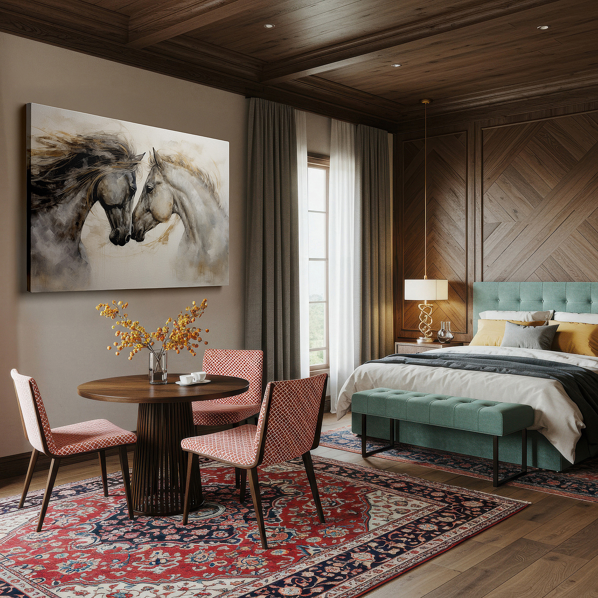 Perfectly sized at 45×30 cm for accenting shelves or narrow walls — wall art: serene connection of two horses in perfect unity - large canvas wall art for office, bedroom, and living room decor