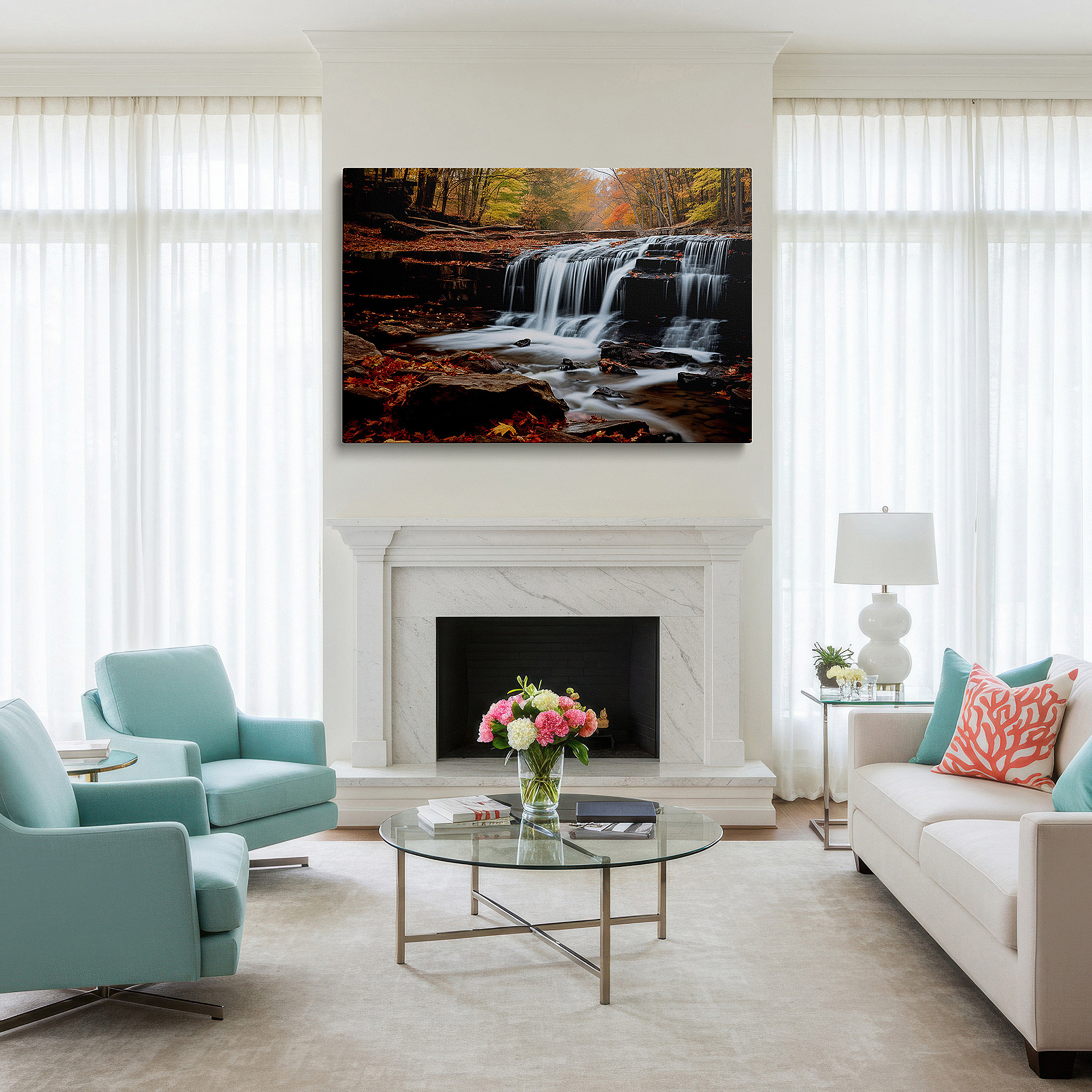 Perfectly sized at 45×30 cm for accenting shelves or narrow walls — wall art: serene waterfall and autumn foliage - a peaceful forest retreat for reflection and renewal, large canvas wall art decor
