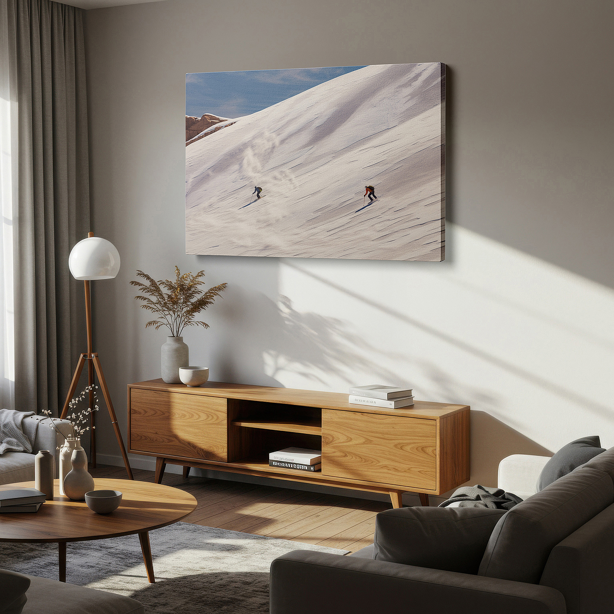 Perfectly sized at 45×30 cm for accenting shelves or narrow walls — wall art: skiers gliding on snow-covered slopes beneath a bright blue sky, a vibrant tribute to winter sports and the splendor of nature, large canvas wall art