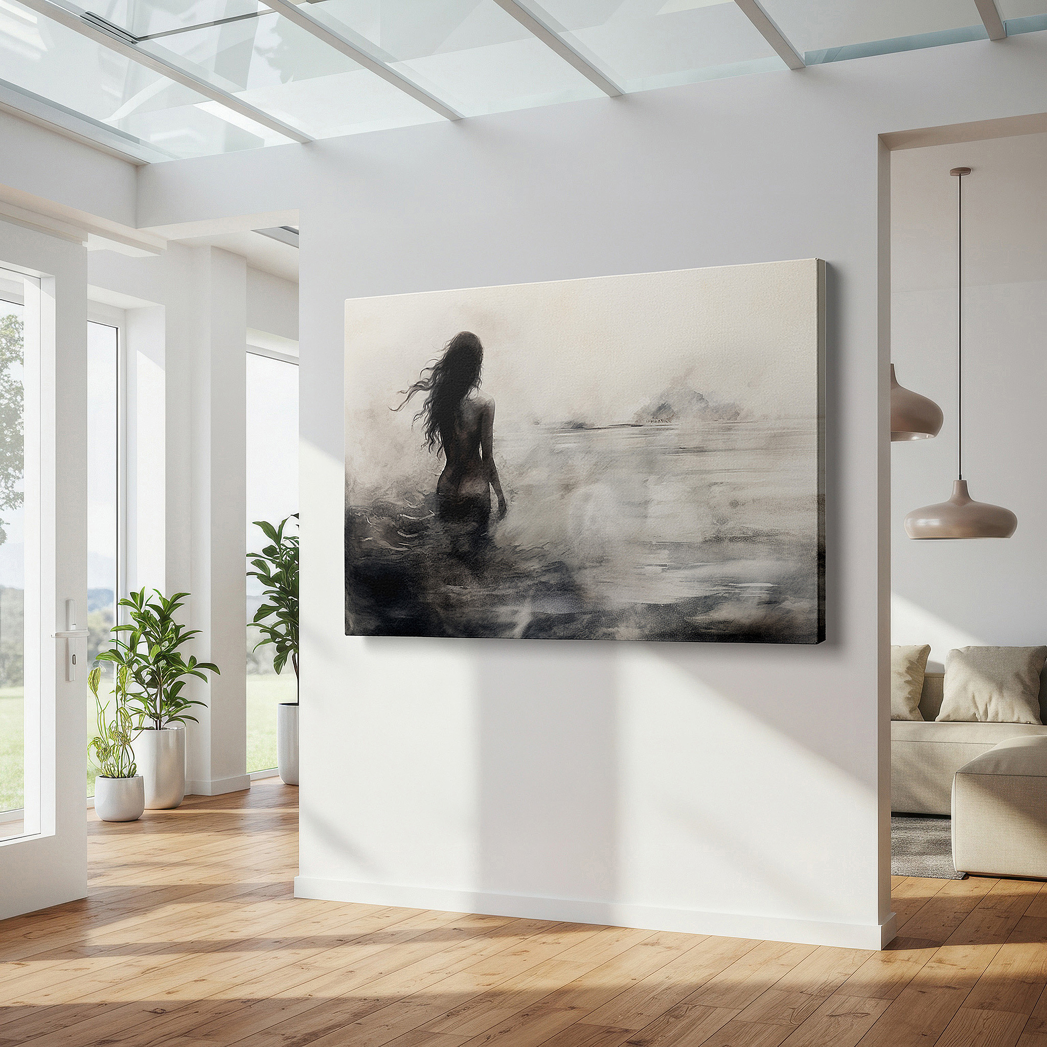 Perfectly sized at 45×30 cm for accenting shelves or narrow walls — wall art: "solitary silhouette in misty waters" - a serene and haunting depiction of isolation. ideal for large wall spaces, canvas wall art, home and office decor.