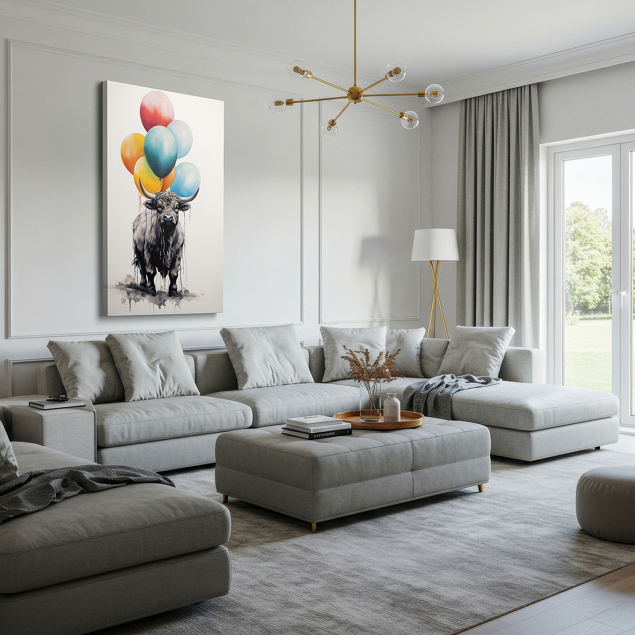 Perfectly sized at 45×30 cm for accenting shelves or narrow walls — wall decor: playful cow with vibrant balloons, a celebration of artistic imagination and whimsy, large canvas wall art for home decor