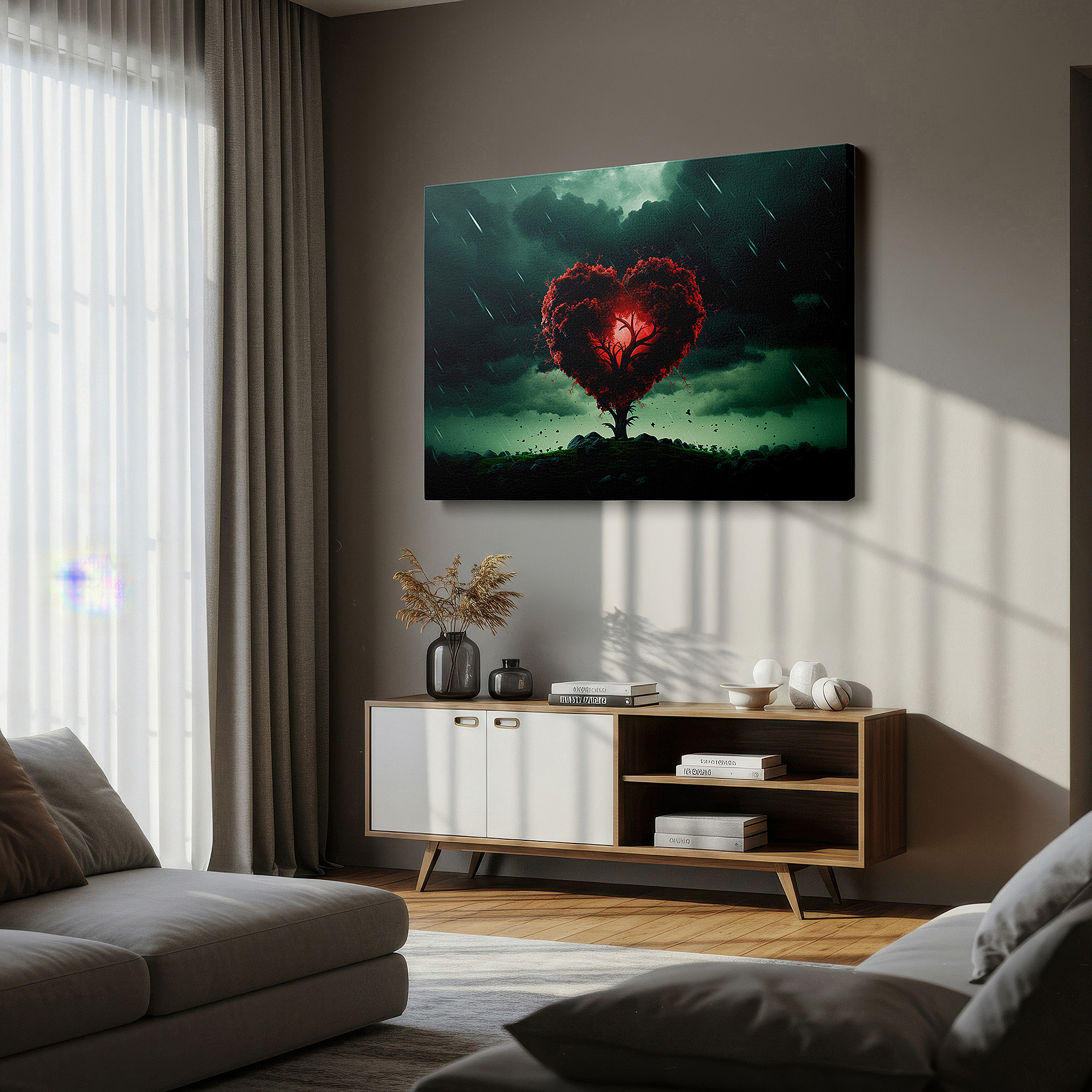 Perfectly sized at 45×30 cm for accenting shelves or narrow walls — wall decor: stormy sky heart-shaped tree, emblem of resilience and passion - large canvas art for office and bedroom