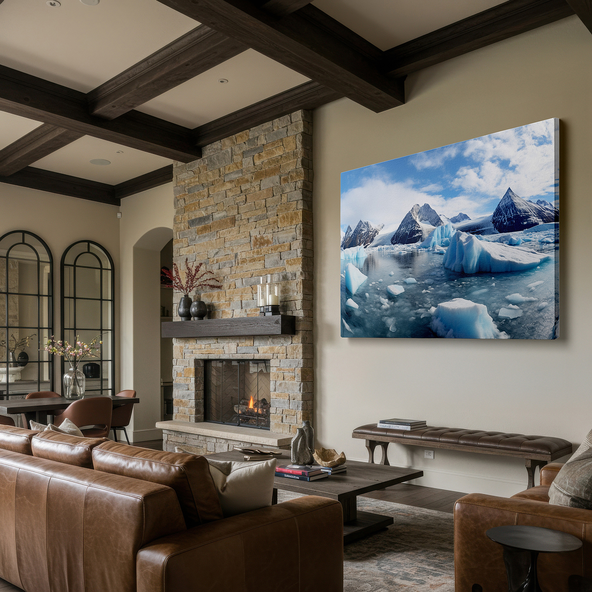Perfectly sized at 45×30 cm for accenting shelves or narrow walls — winter dawn over snow-capped mountains and reflective lake large canvas wall art for office, bedroom, and living room decor