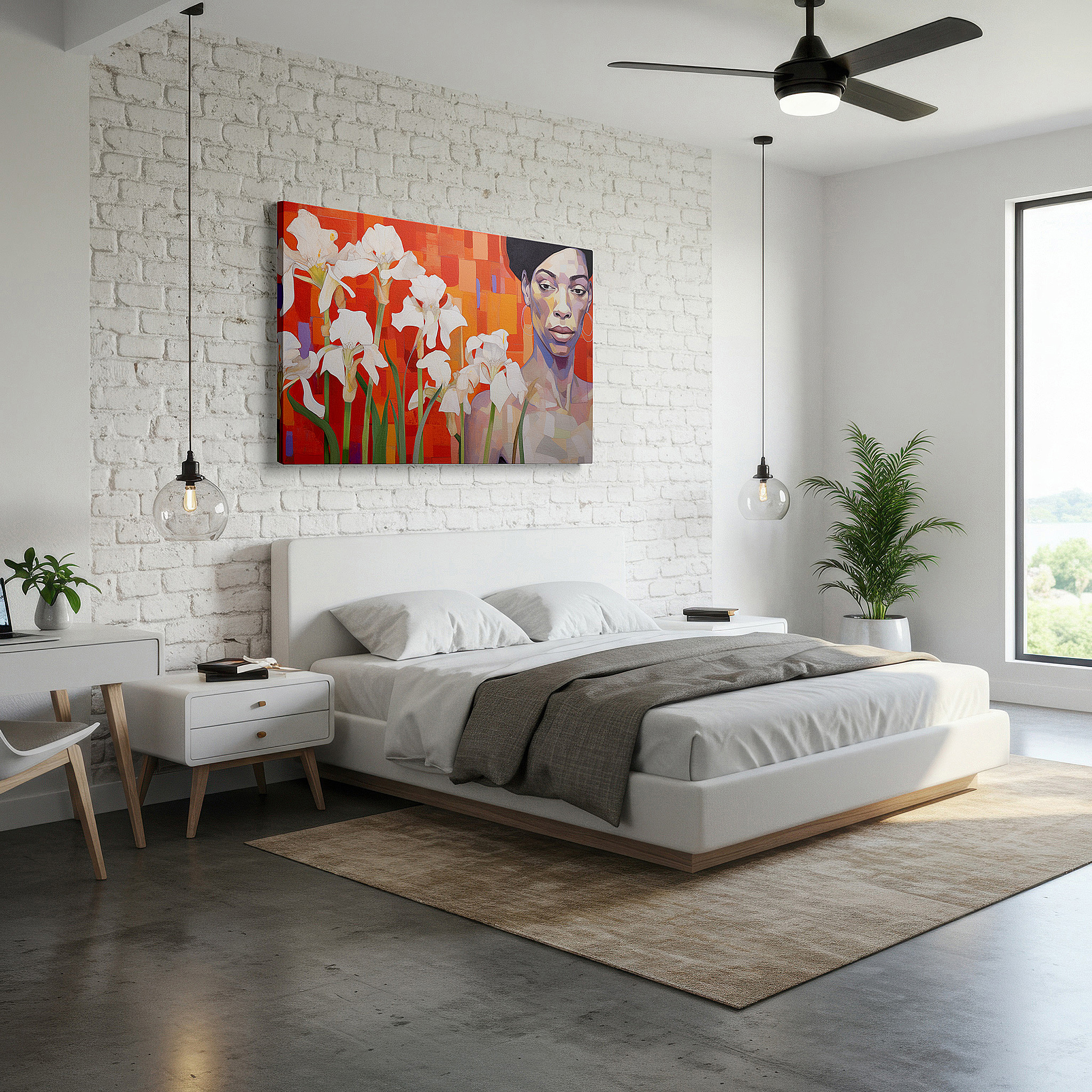 Perfectly sized at 45×30 cm for accenting shelves or narrow walls — woman among irises - a bold display of power and femininity large wall art, canvas wall art, wall decor, office wall art, bedroom wall art