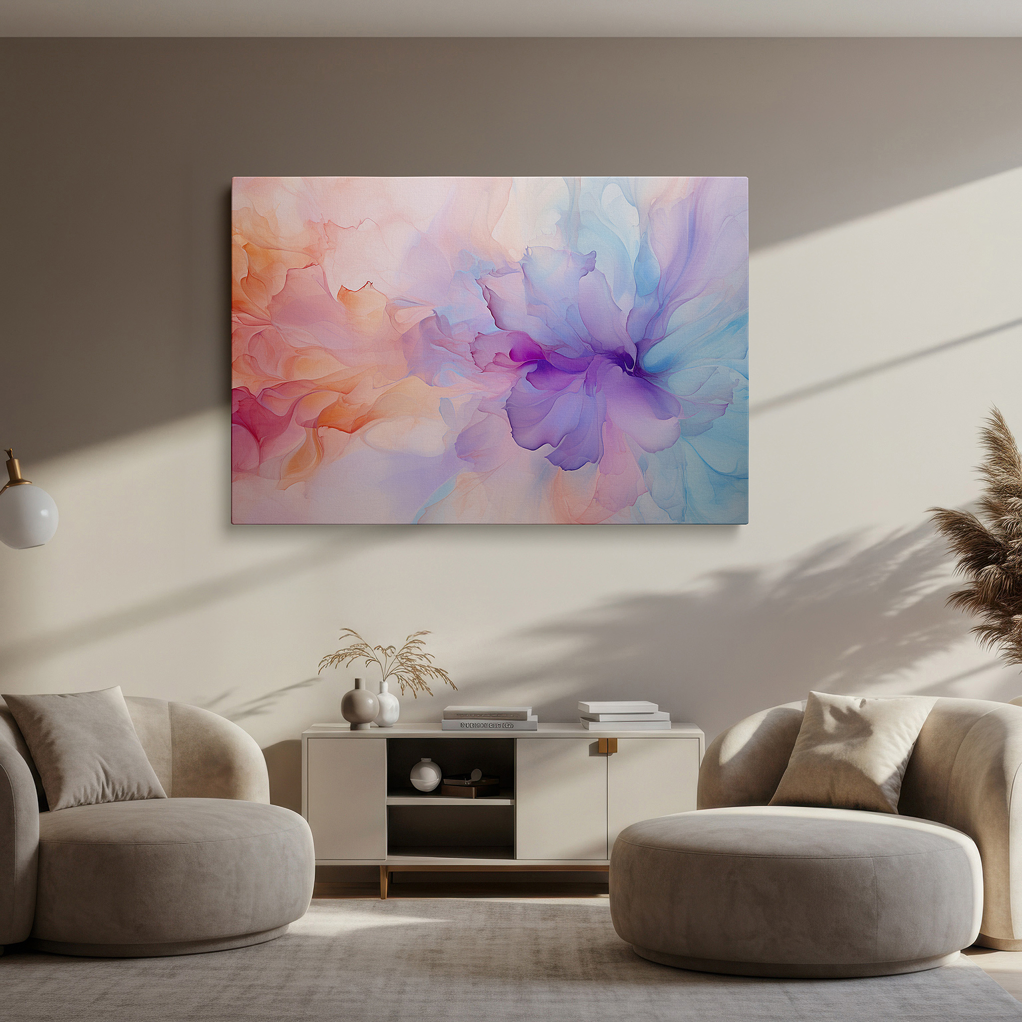 Positioned above a console table between ceramic vases — abstract dreamy floral canvas with vibrant pastels and calming shapes, ideal for large wall decor in offices or bedrooms