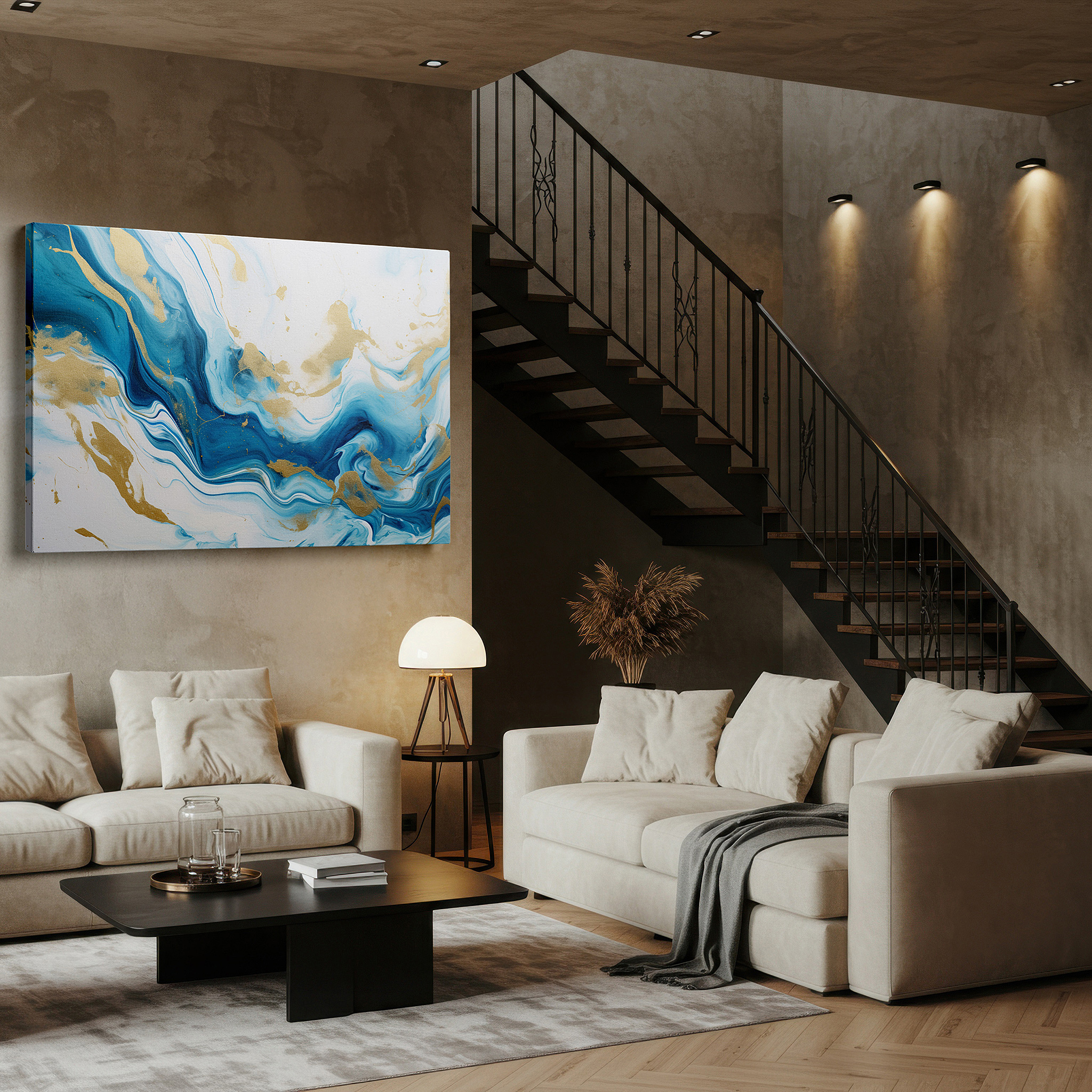 Positioned above a console table between ceramic vases — blue and gold enchanting nature-inspired large wall art, canvas decor for office and bedroom