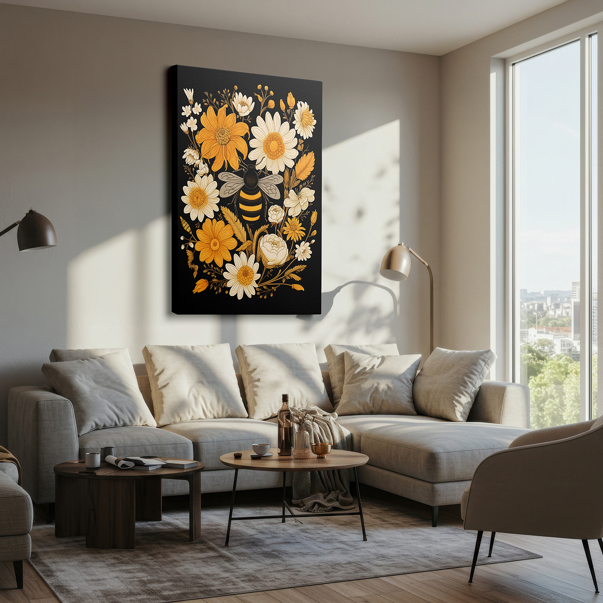 Positioned above a console table between ceramic vases — bright yellow flowers and essential bees: a display of nature's fragile harmony - large wall art, canvas wall art, wall decor for office