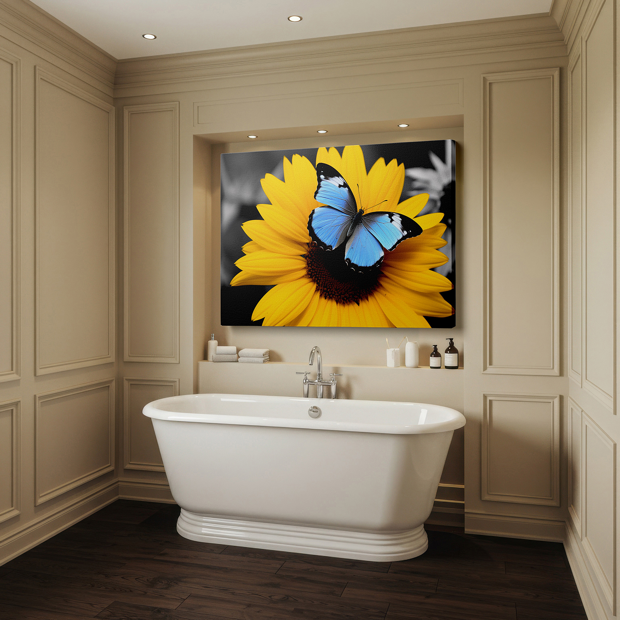 Positioned above a console table between ceramic vases — bright yellow sunflower with vivid blue butterfly, tranquil and vibrant large wall art, canvas wall art, wall decor for office and bedroom