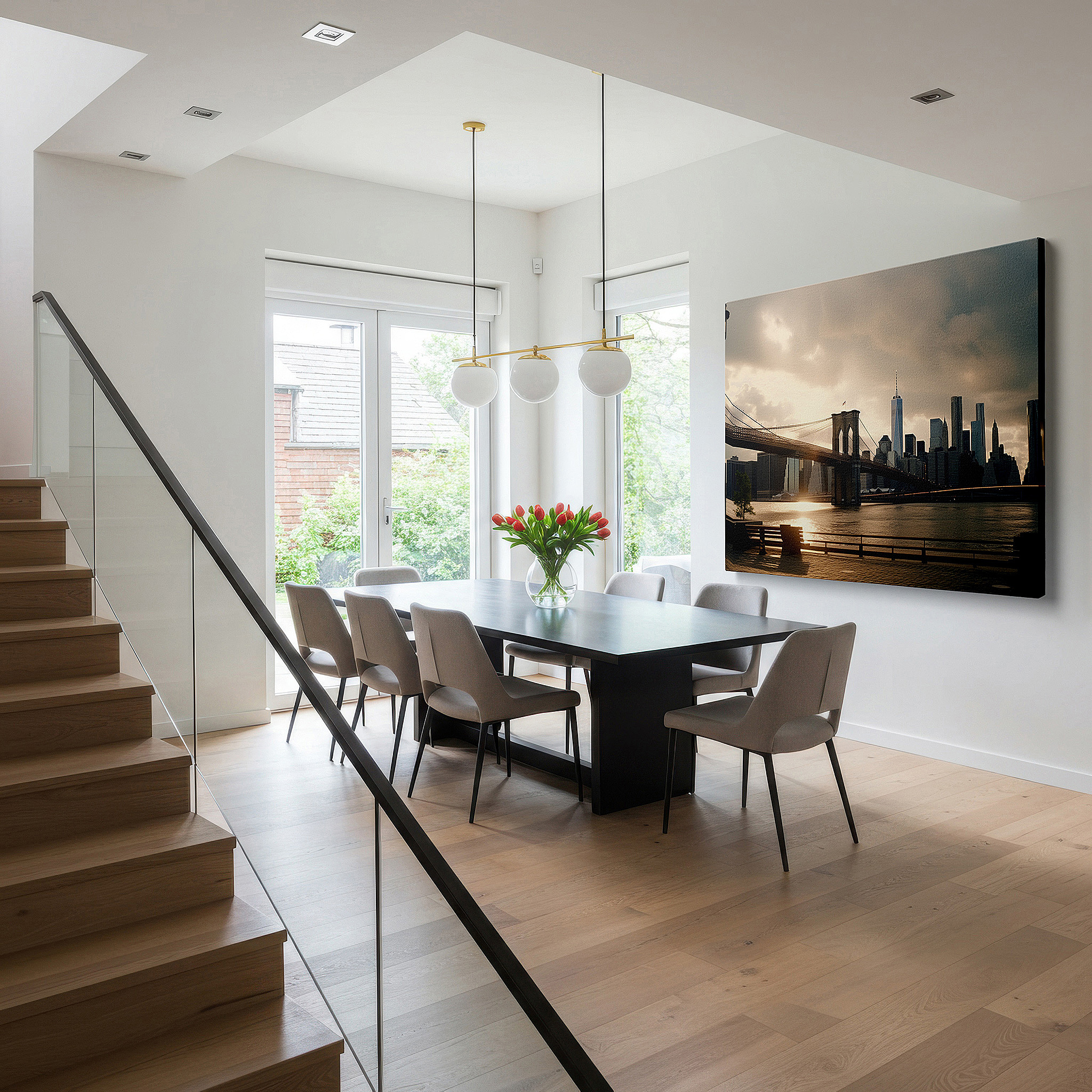 Positioned above a console table between ceramic vases — brooklyn bridge at sunset wall art - a serene mix of cityscape and nature, large canvas art for home and office decor, perfect for living room and bedroom
