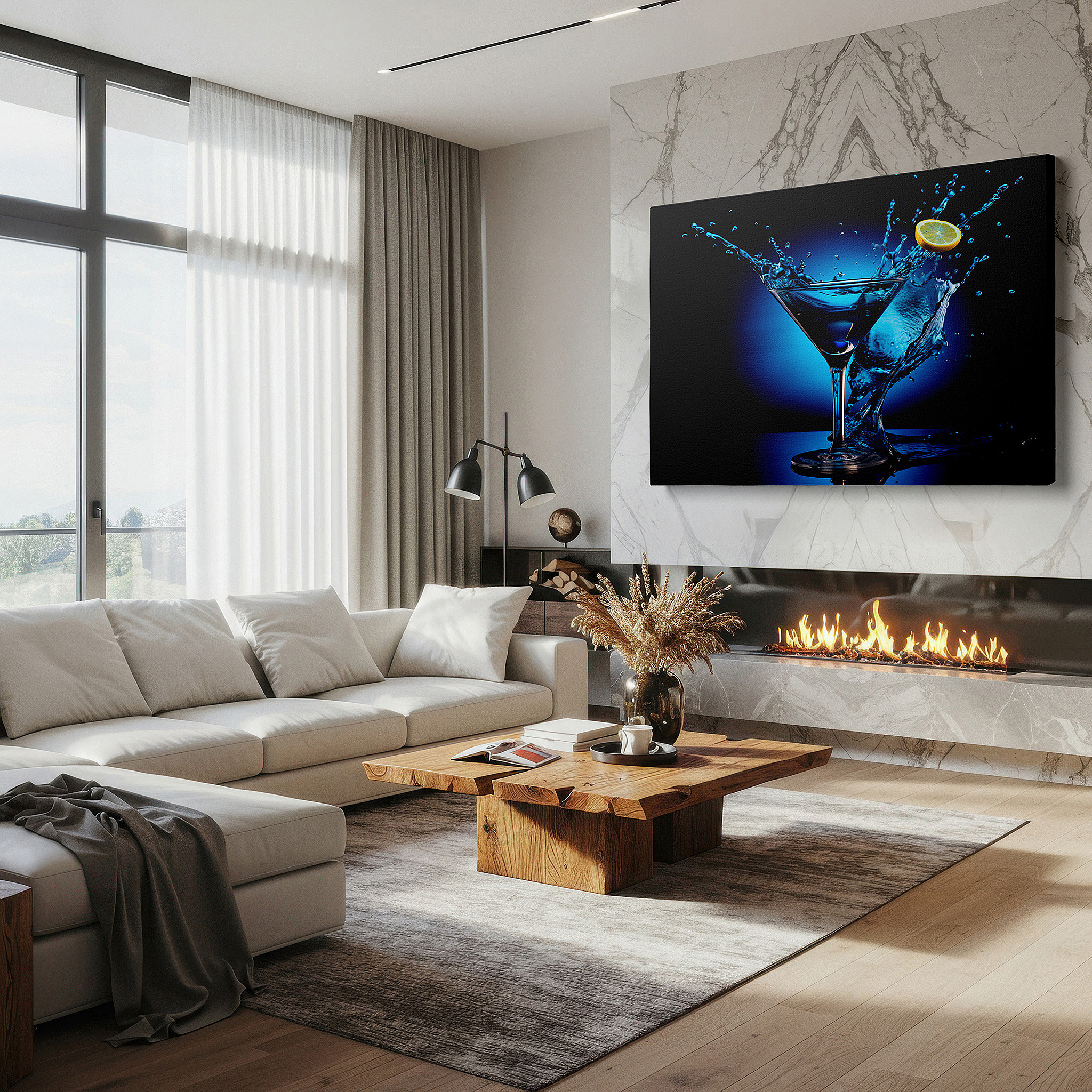 Positioned above a console table between ceramic vases — celebrating cocktail culture: martini glass splash on vibrant blue background - large canvas wall art for office decor