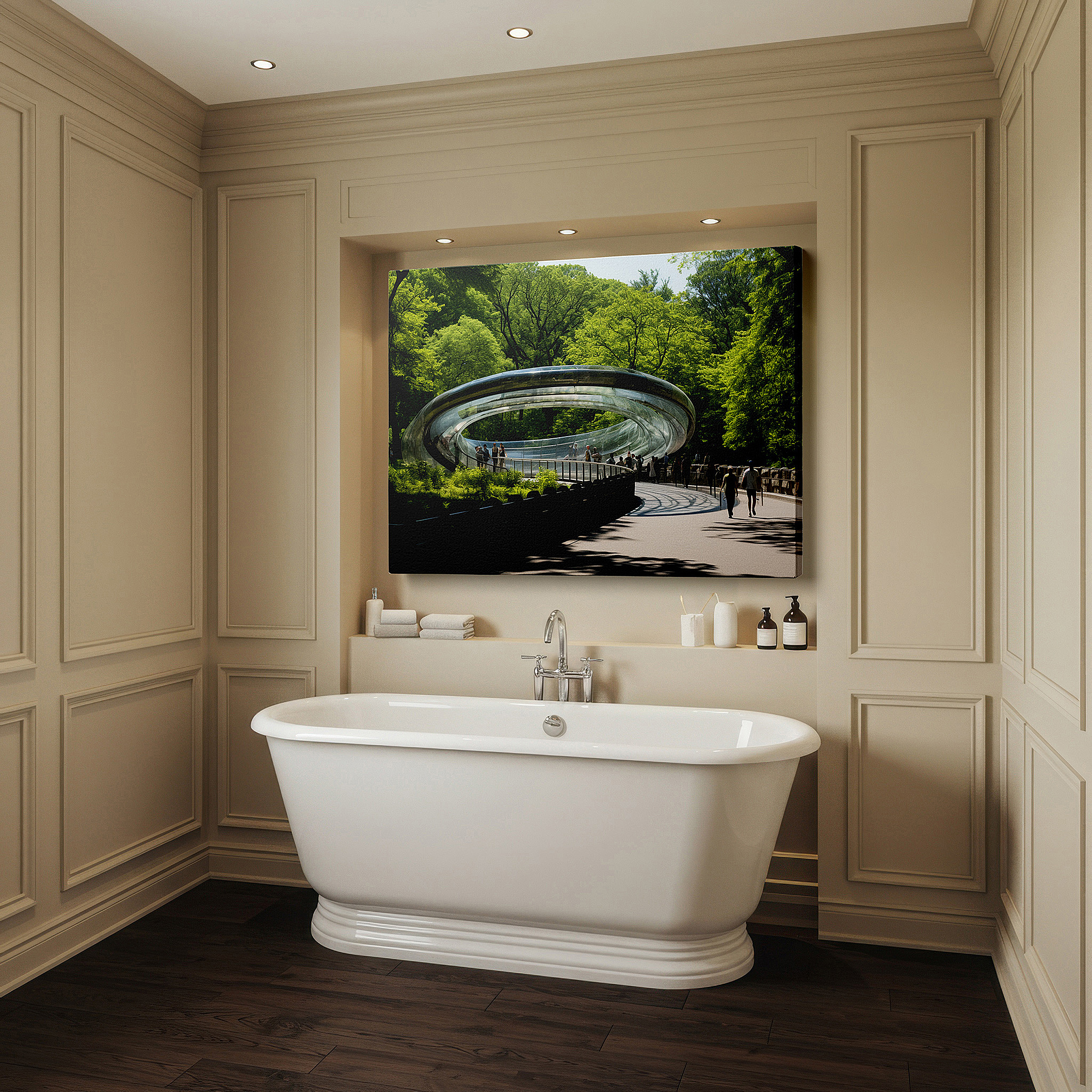 Positioned above a console table between ceramic vases — central park wall art: a perfect blend of nature and urban creativity, ideal for home and office decor, available as large canvas prints for living rooms and bedrooms.