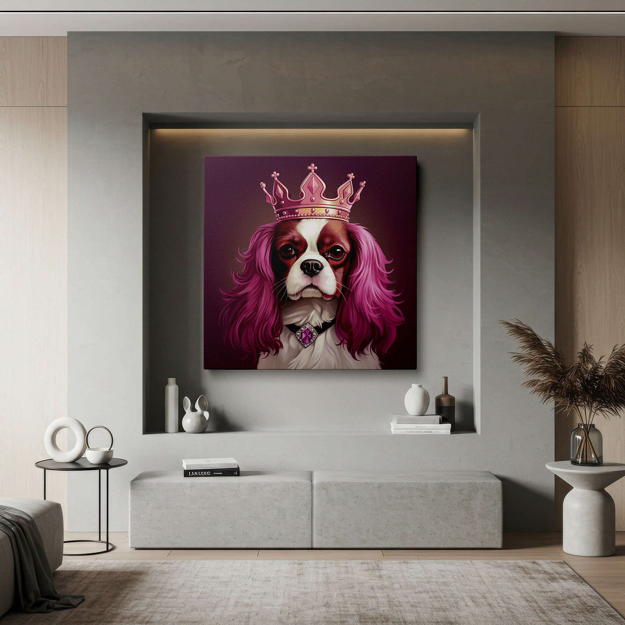 Positioned above a console table between ceramic vases — chestnut and white cavalier king charles spaniel with crown large canvas wall art for office and bedroom decor
