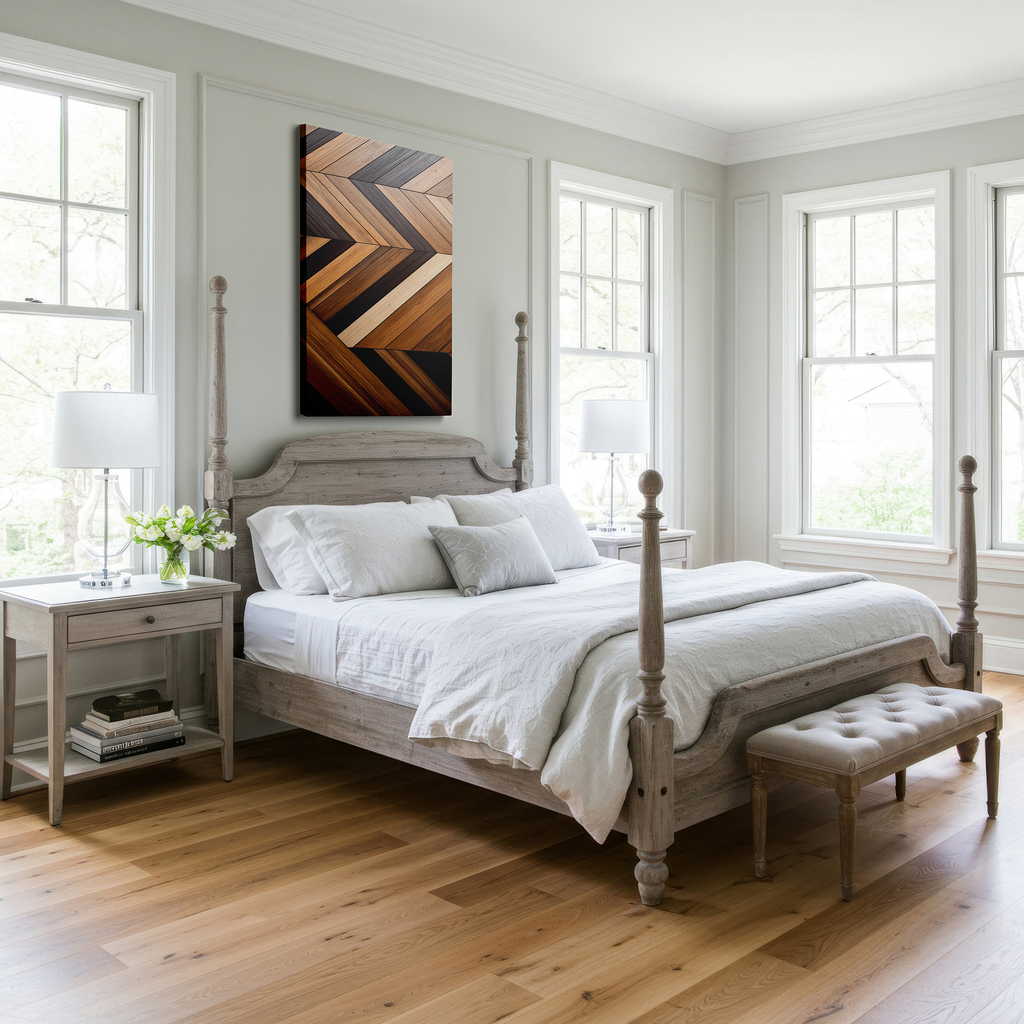 Positioned above a console table between ceramic vases — chevron mastery in natural wood tones: a captivating blend of rich browns and creamy beiges - large wall art, canvas wall art, wall decor for office