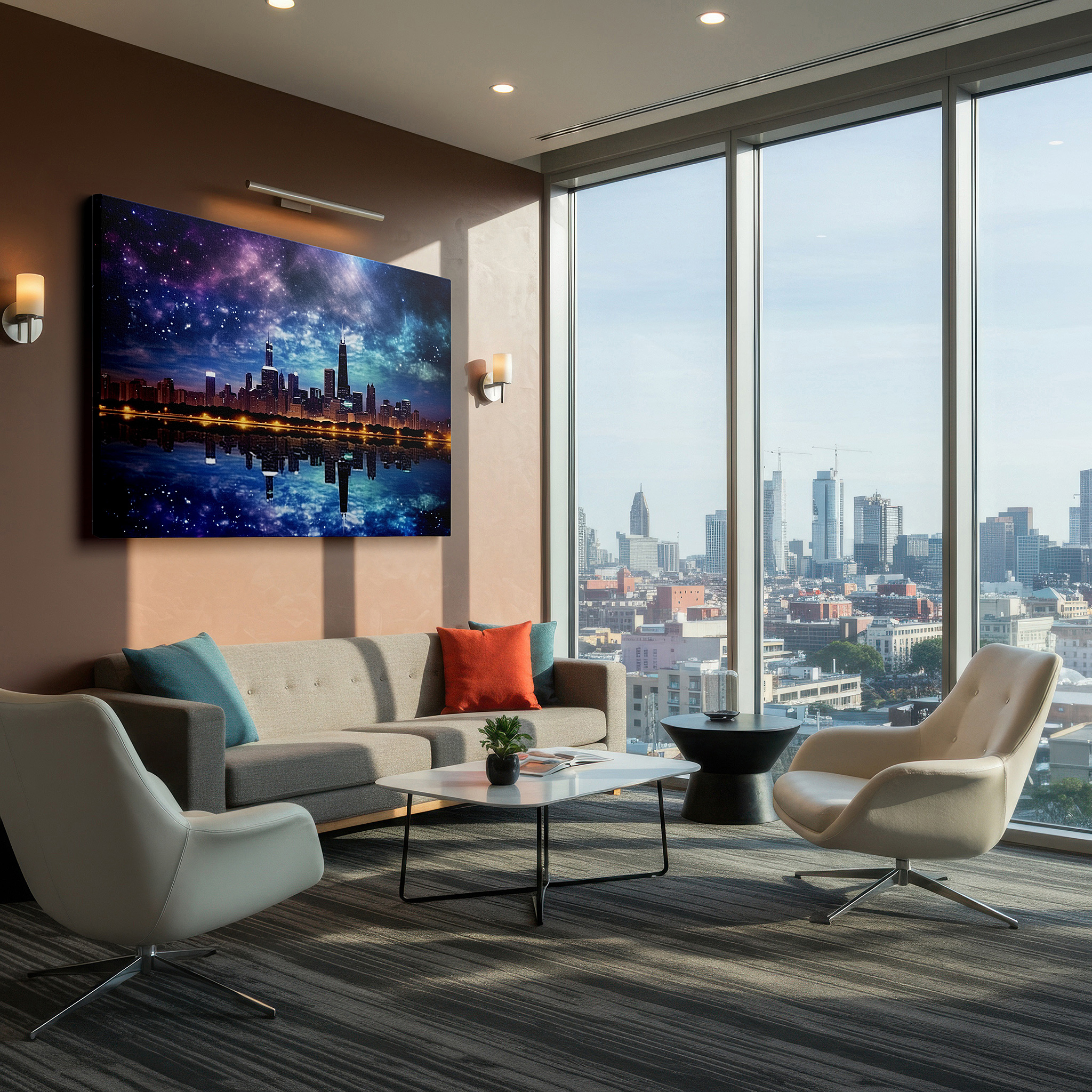 Positioned above a console table between ceramic vases — chicago skyline with cosmic splendor: celestial cityscape fusion - large canvas wall art for office and bedroom decor