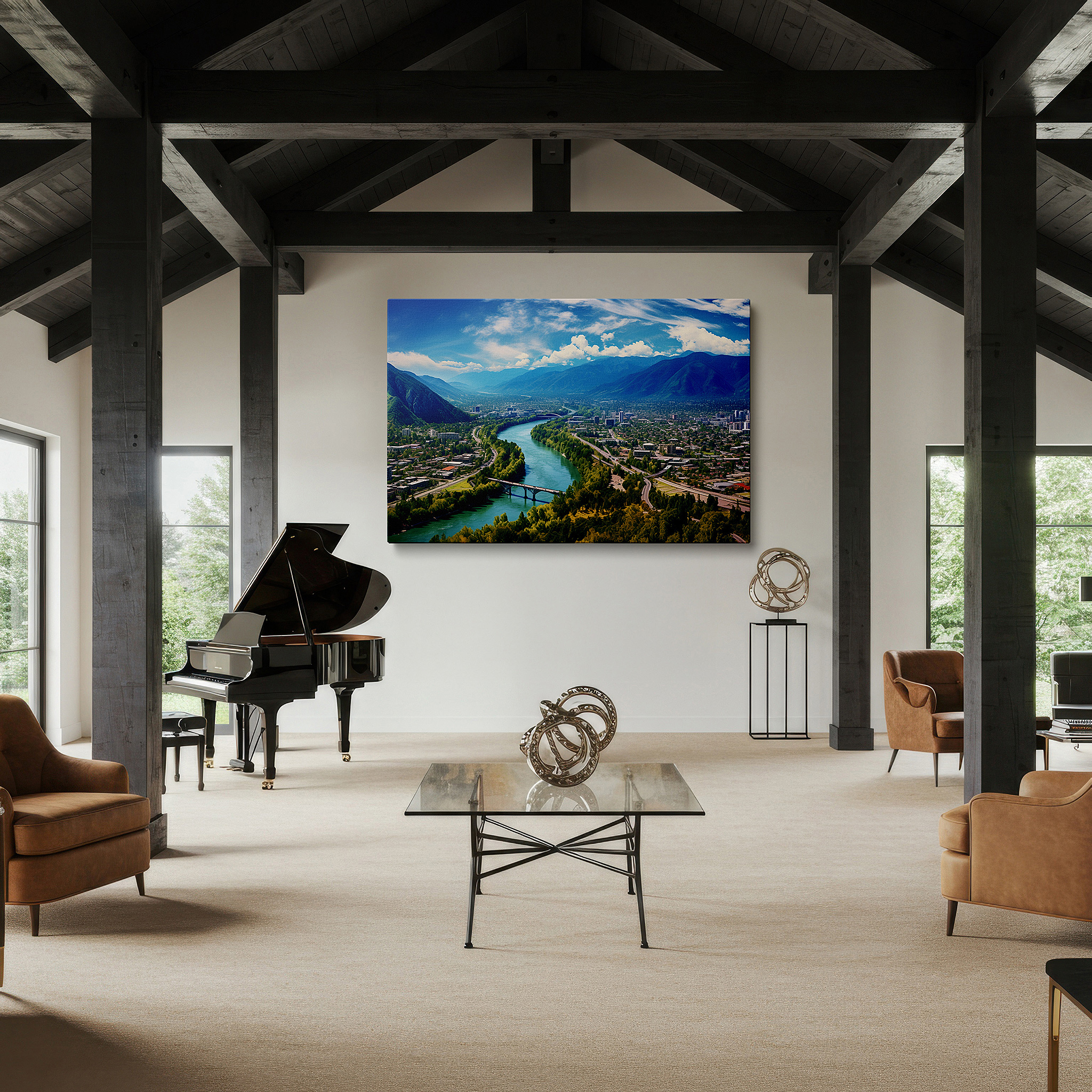 Positioned above a console table between ceramic vases — cityscape and nature aerial symphony, majestic mountains and serene skies canvas wall art, large wall decor for office