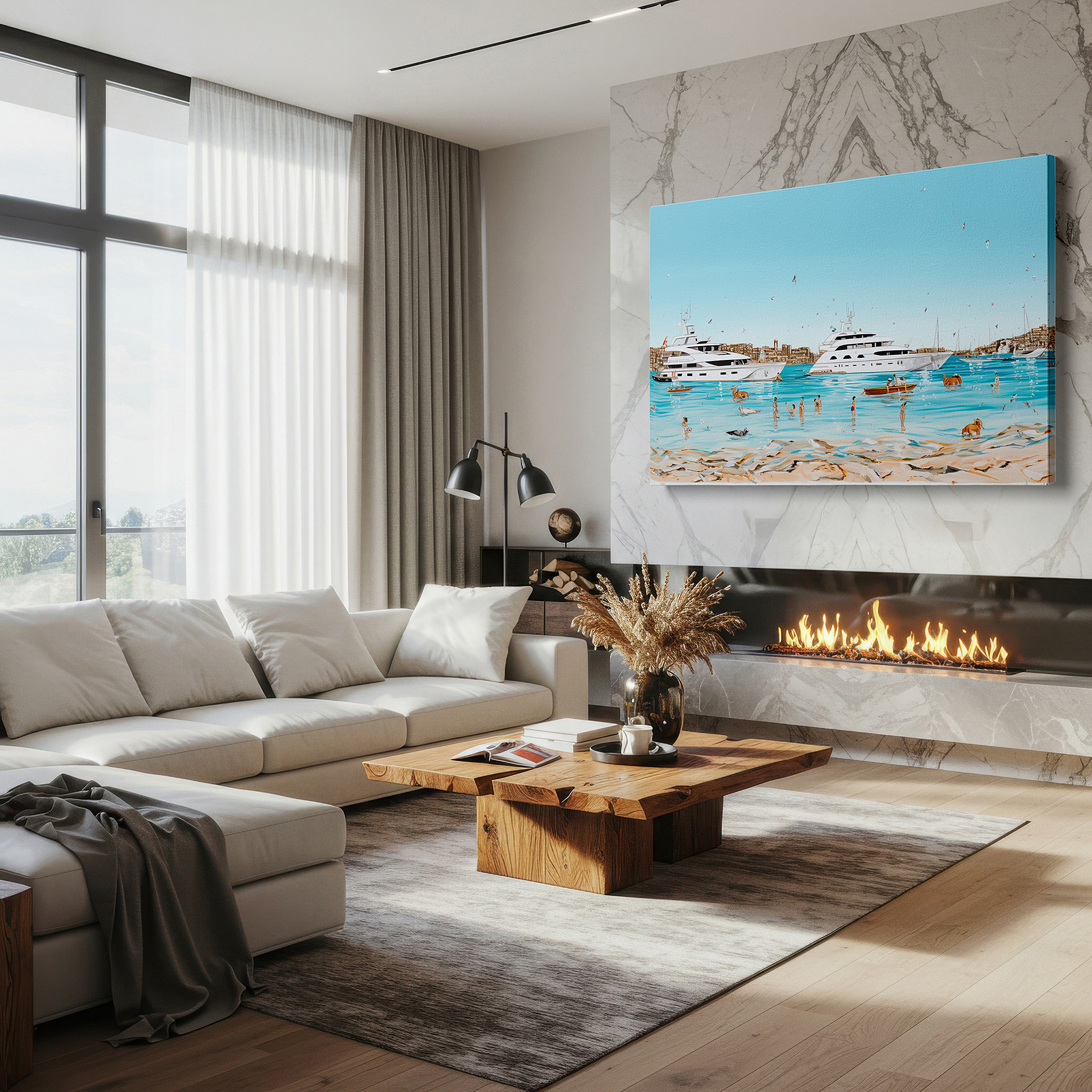Positioned above a console table between ceramic vases — coastal vibrance: celebrating summer joy and seaside leisure - large wall art for bedrooms and offices